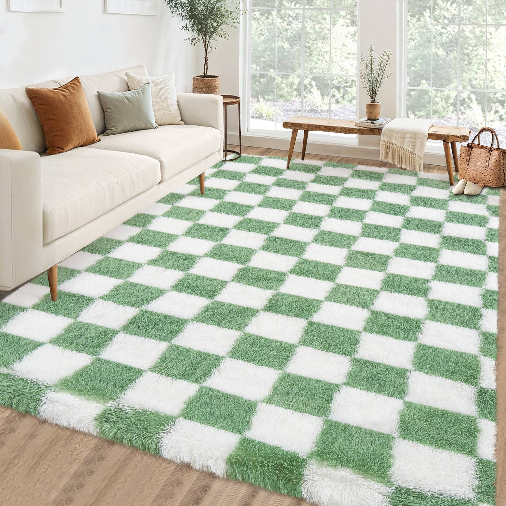 GARVEE - Modern Geometric Fluffy Area Rug Ultra Soft Machine Washable Non Slip Plush Floor Mat for Bedroom Living Room - Green