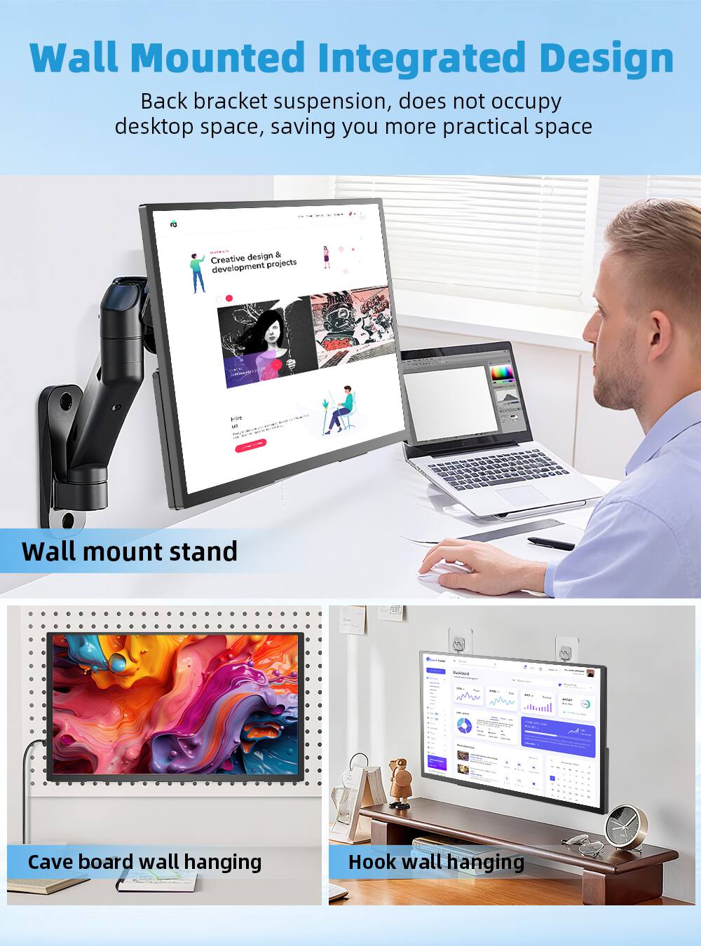Wall Mounted Integrated Design  
Back bracket suspension, does not occupy desktop space, saving you more practical space  

SOWT & Creative design development projects  

Be 8 Wall mount stand  

Cave board wall hanging  

Hook wall hanging
