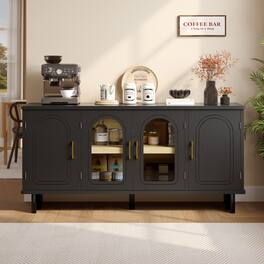 Bestier - 59 Inch Mid-Century Modern TV Stand with Arched Fluted Glass Doors & Adjustable Shelving - Black Grained