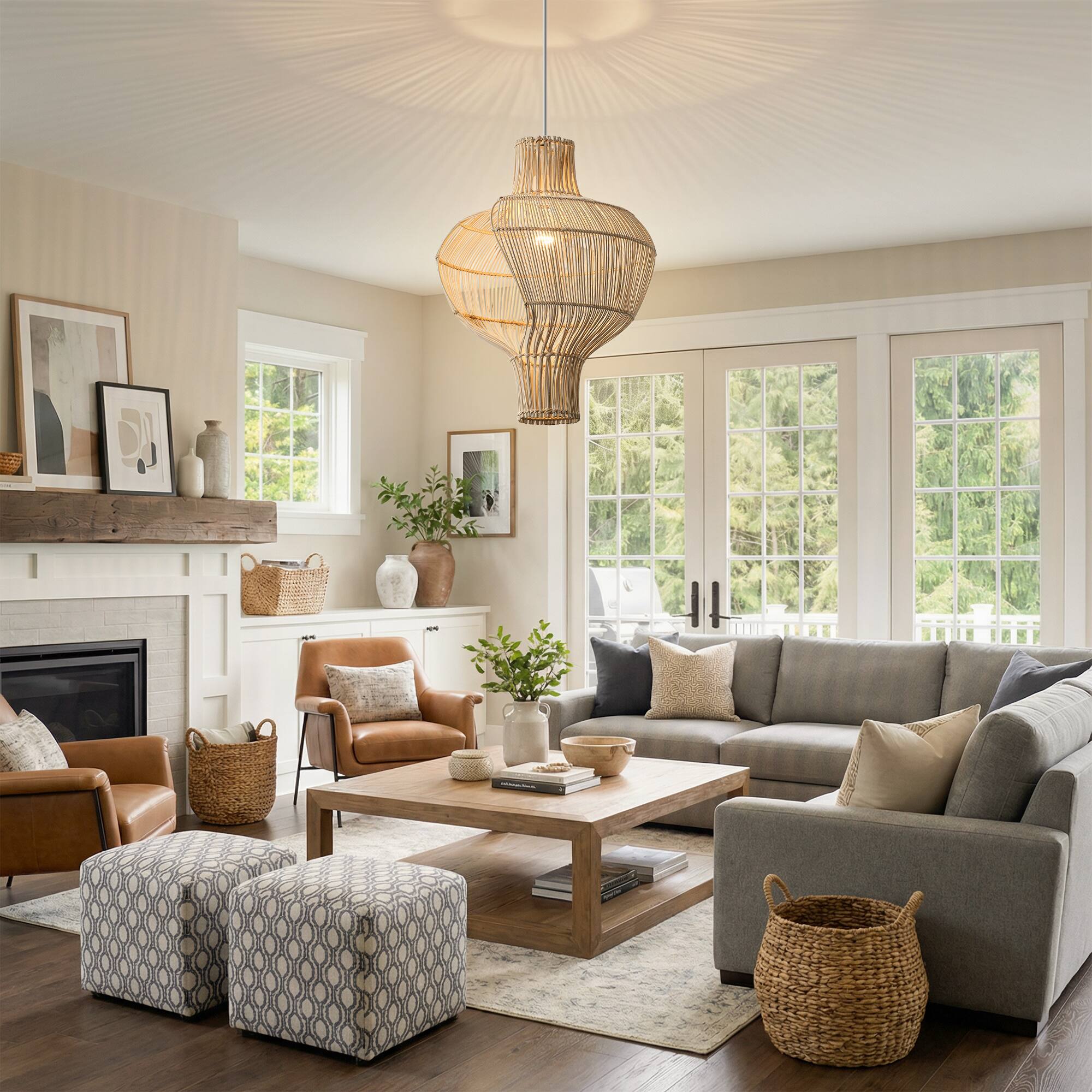 Left. Vaczon - Bohemian Rattan Gourd Pendant Chandelier – Fixed Hanging Line Ceiling Light for Home Decor and Ambient Lighting - Light Beige.