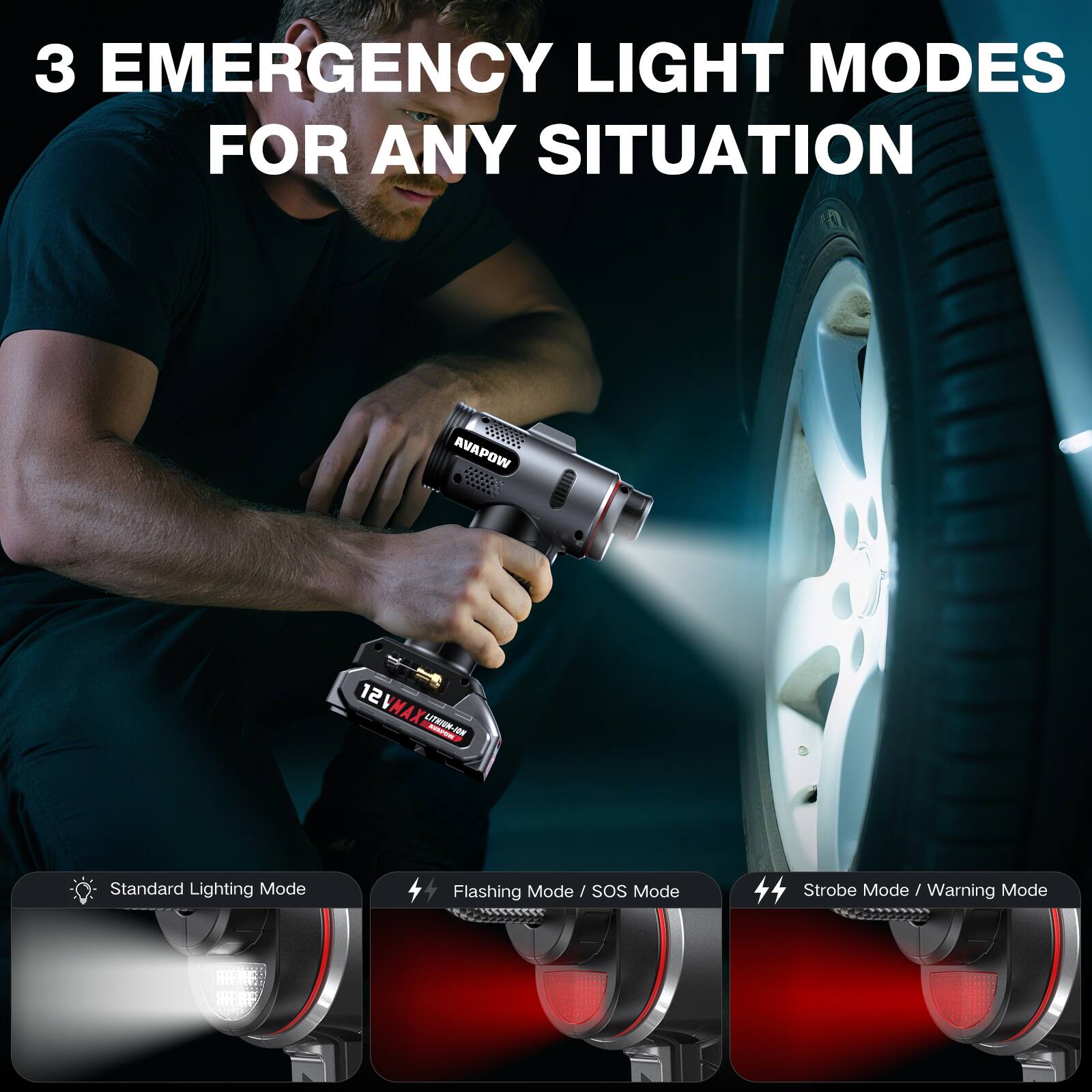 3 EMERGENCY LIGHT MODES FOR ANY SITUATION

- Standard Lighting Mode
- Flashing Mode / SOS Mode
- Strobe Mode / Warning Mode