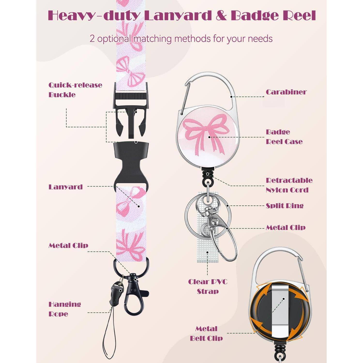 Heavy-duty Lanyard & Badge Reel  
2 optional matching methods for your needs  

- Quick-release Buckle  
- Lanyard  
- Metal Clip  
- Hanging Rope  
- Carabiner  
- Badge Reel Case  
- Retractable Nylon Cord  
- Split Ring  
- Metal Clip  
- Clear PVC Strap  
- Metal Belt Clip