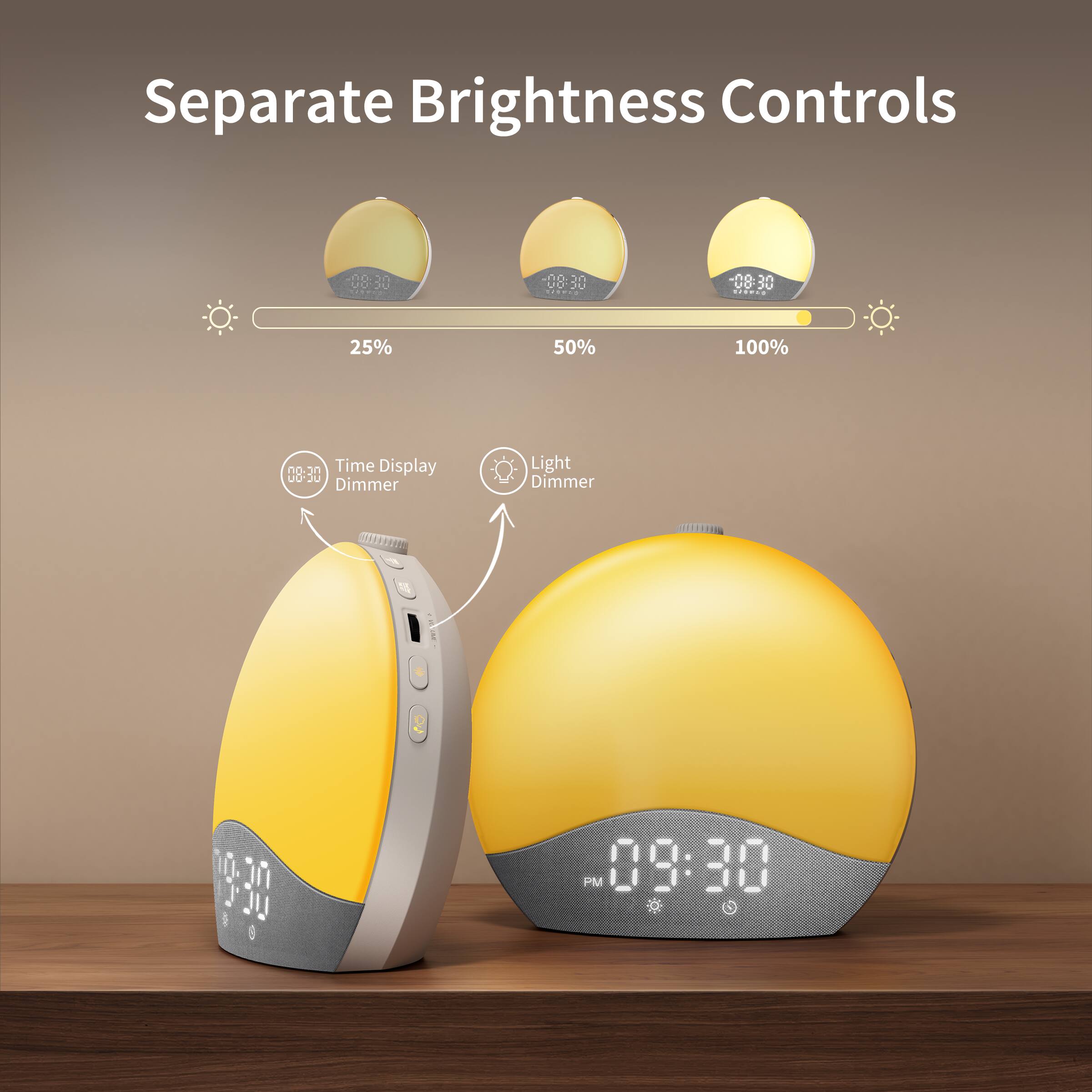 Separate Brightness Controls: 25%, 50%, 100%
Time Display: 08:30
Light Dimmer: 08:30 Dimmer

Note: The text "00:20" and "19-38 1 8 PM" do not seem to be part of the image's text and are likely errors or misinterpretations. The correct times shown in the image are "08:30" for both the time display and the light dimmer.