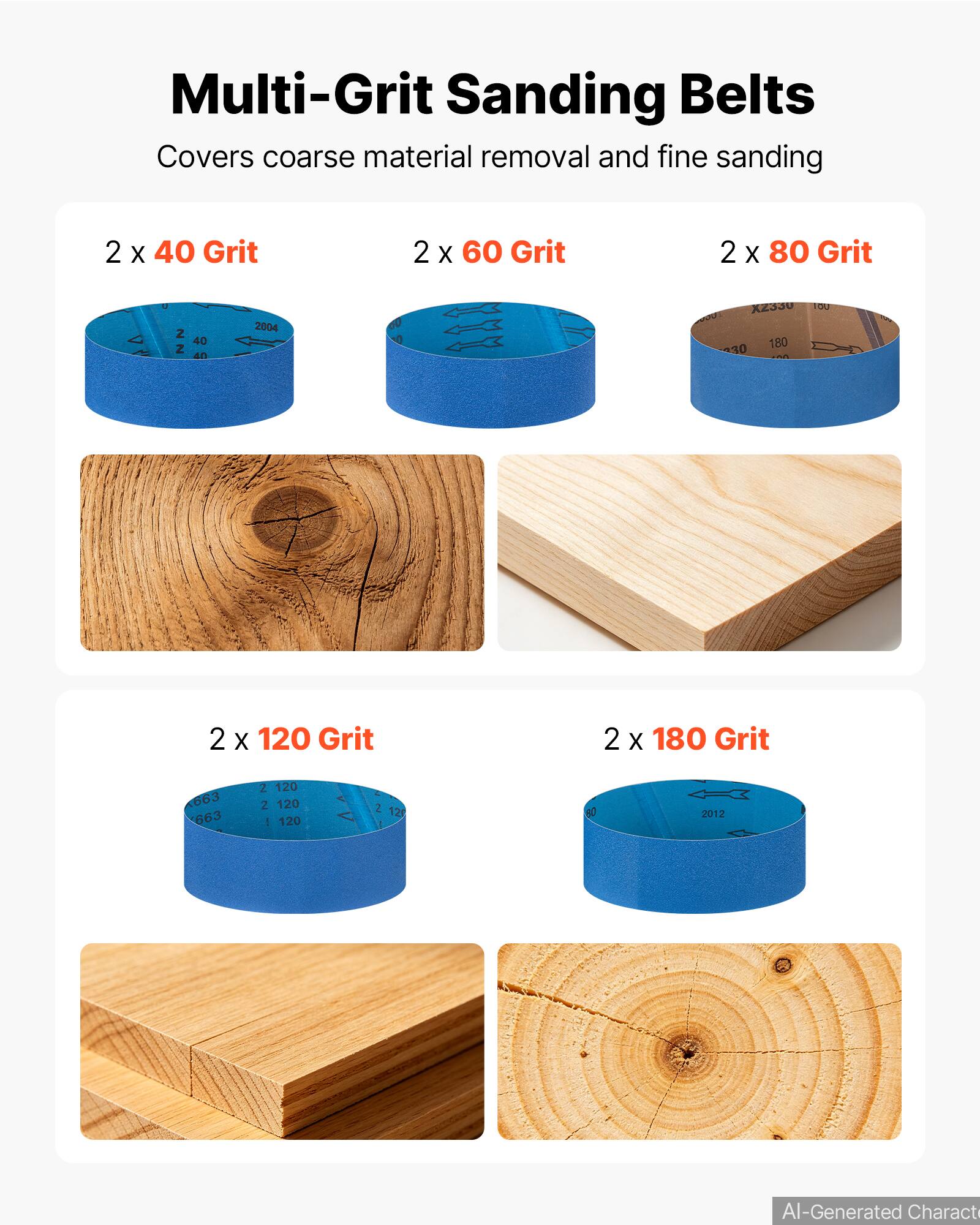 Multi-Grit Sanding Belts  
Covers coarse material removal and fine sanding  

2 x 40 Grit  
2 x 60 Grit  
2 x 80 Grit  
2 x 120 Grit  
2 x 180 Grit  

AI-Generated Character