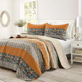 Hivvago - Full/Queen Size Floral Birds Reversible 3 Piece Quilt Set - Orange Grey