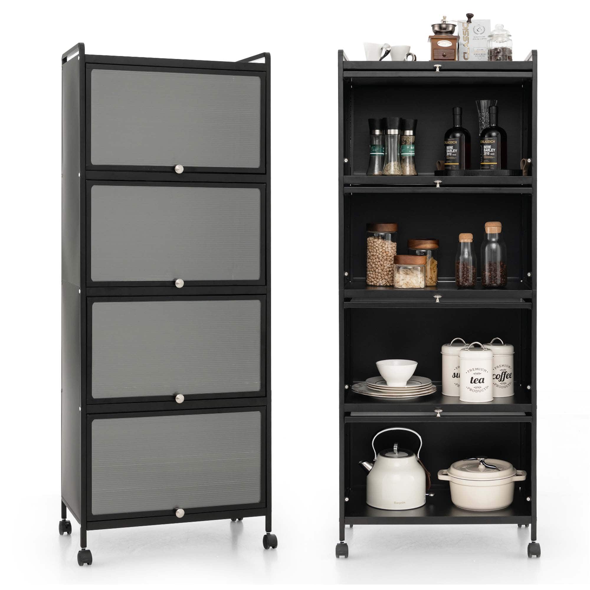 Costway - 5-Tier Kitchen Baker's Rack Storage Cabinet Mobile Microwave Stand Flip-up Doors - Black