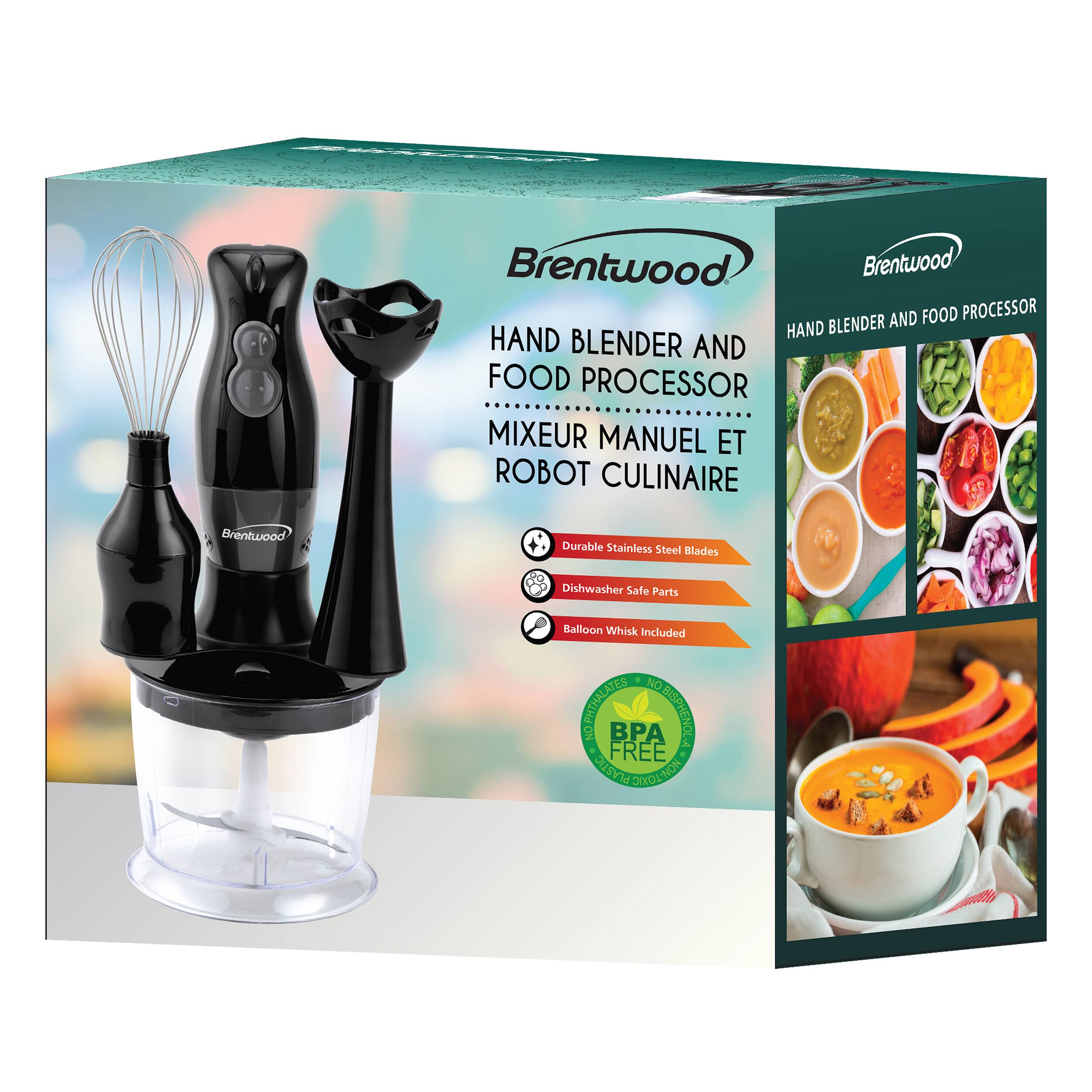 Brentwood, Brentwood AND FOOD PROCESSOR HAND BLENDER, HAND BLENDER AND FOOD PROCESSOR MIXEUR MANUEL ET ROBOT CULINAIRE, Brentwood - Durable Stainless Steel Blades, Dishwasher Safe Parts, Balloon Whisk Included, NO MOPHTHALTE BPA BISPHENOL A FREE PLASTIC ORDL-NOM