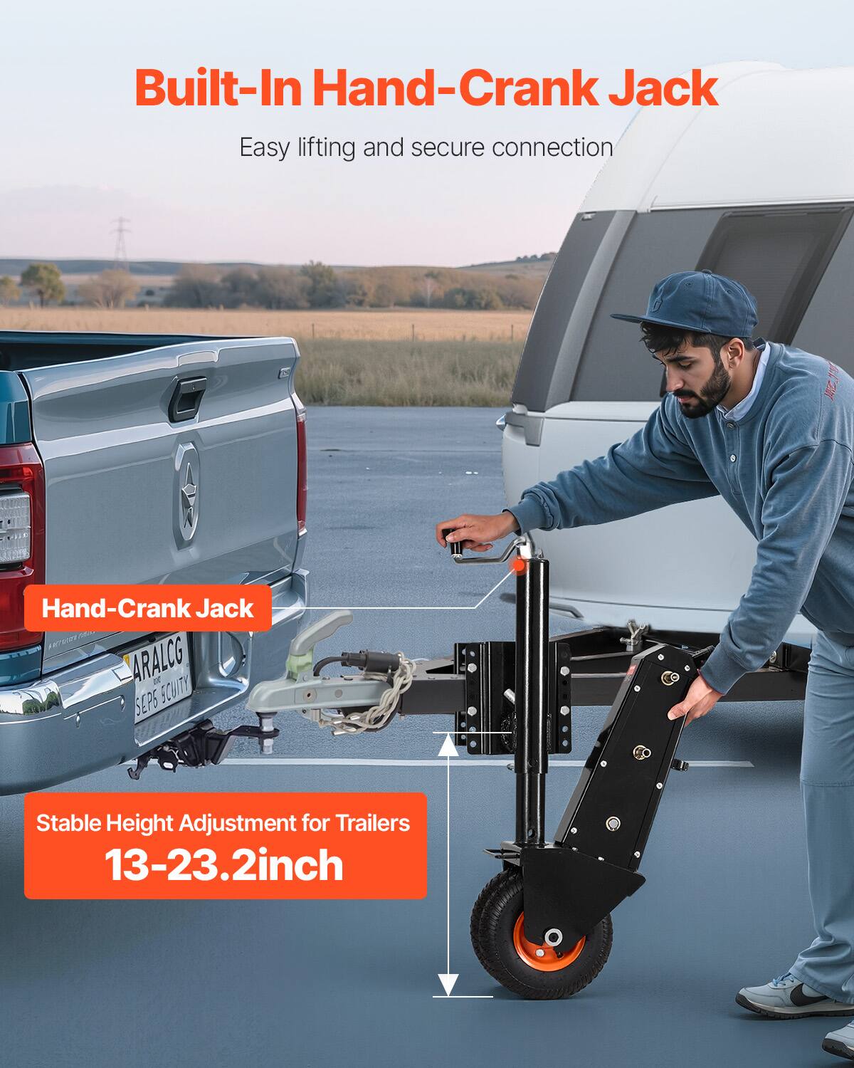 Built-In Hand-Crank Jack

Easy lifting and secure connection

Hand-Crank Jack

Stable Height Adjustment for Trailers 13-23.2 inch