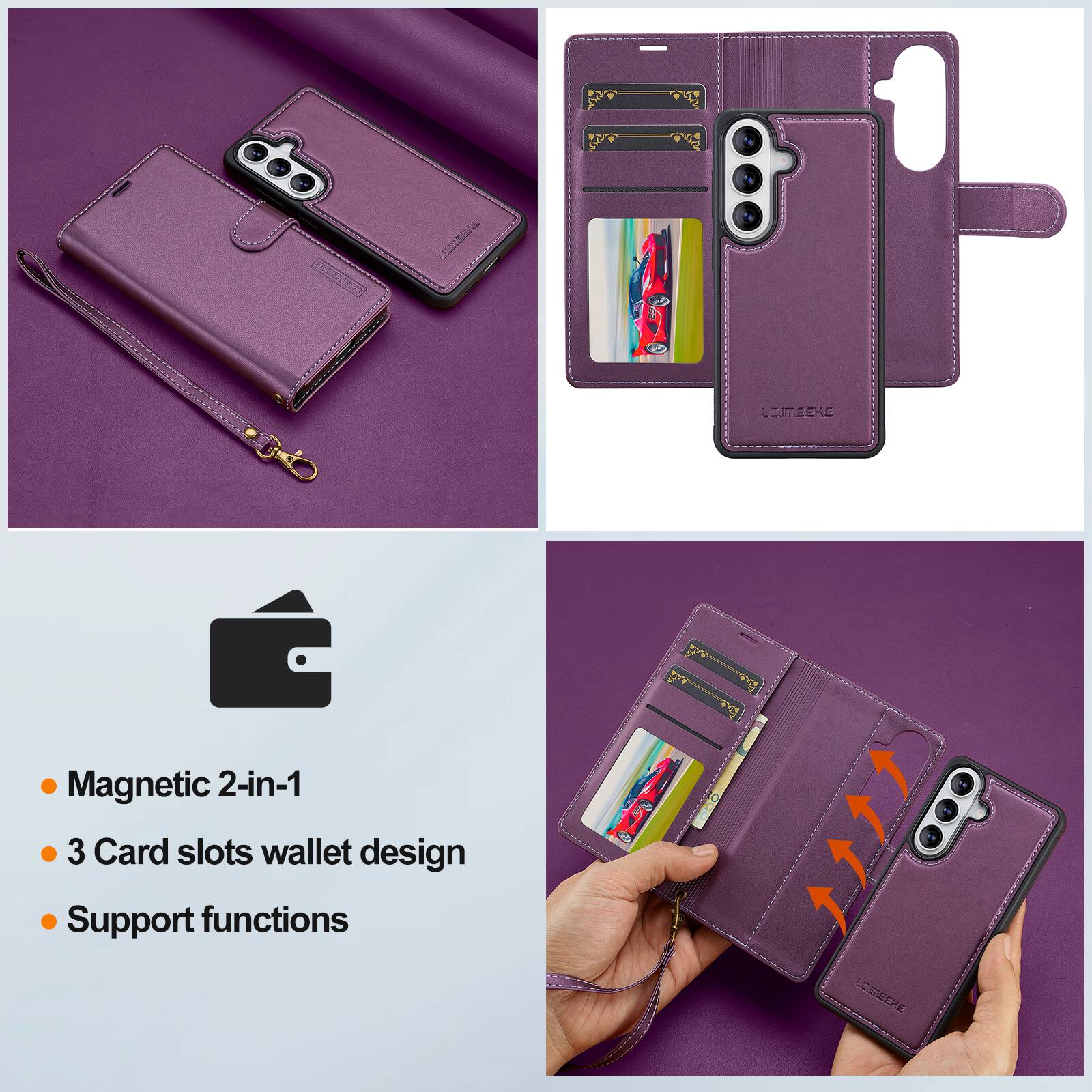 LEIMEEKE  
Magnetic 2-in-1 3 Card slots wallet design Support functions