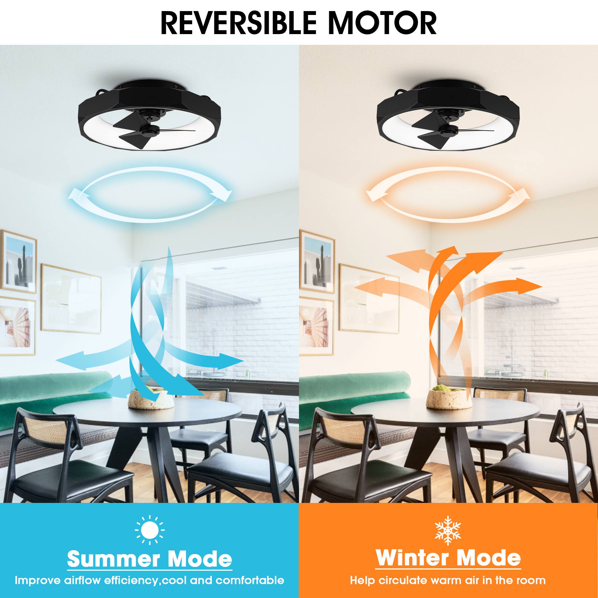 REVERSIBLE MOTOR

Summer Mode  
Improve airflow efficiency, cool and comfortable

Winter Mode  
Help circulate warm air in the room