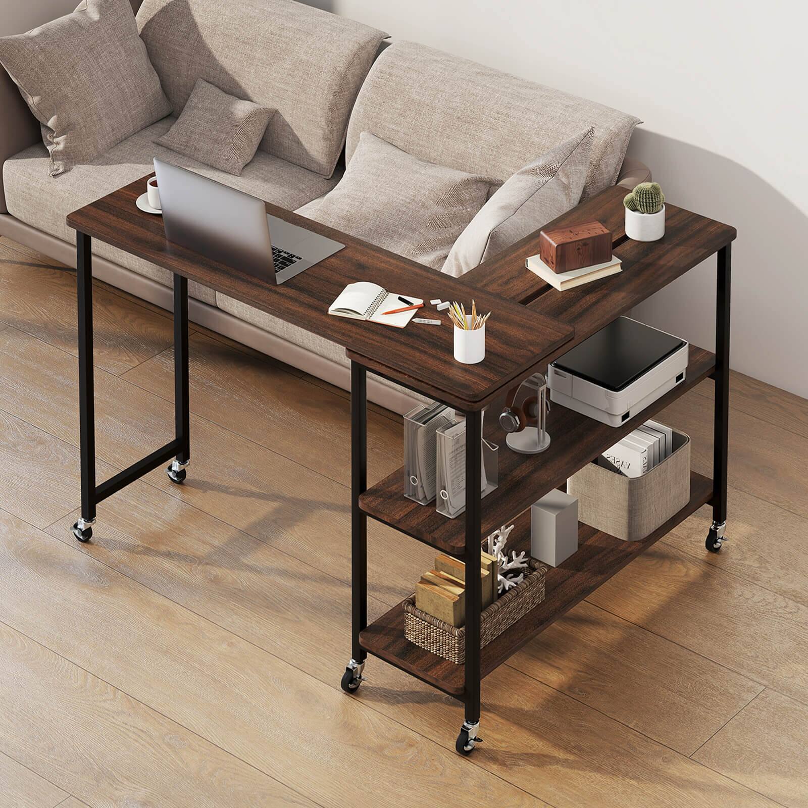 Alt View 1. Costway - Costway 360° Rotation Mobile Laptop Table with 2-Tier Storage Shelves & 6 Universal Wheels - Walnut.