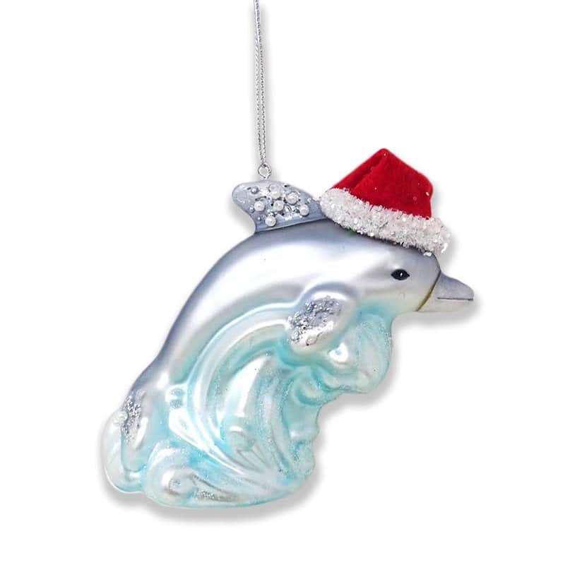 Front. OrnamentallyYou - Dolphin and Ocean Wave Glass Christmas Ornament - Multi-colored.