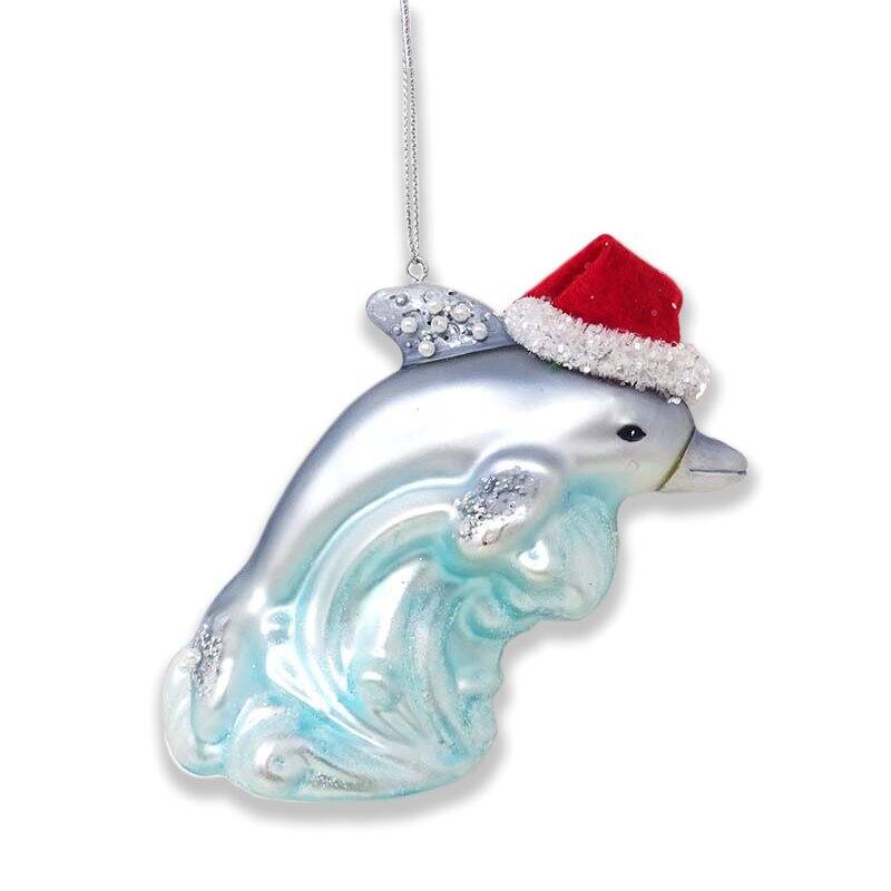 Front. OrnamentallyYou - Dolphin and Ocean Wave Glass Christmas Ornament - Multi-colored.