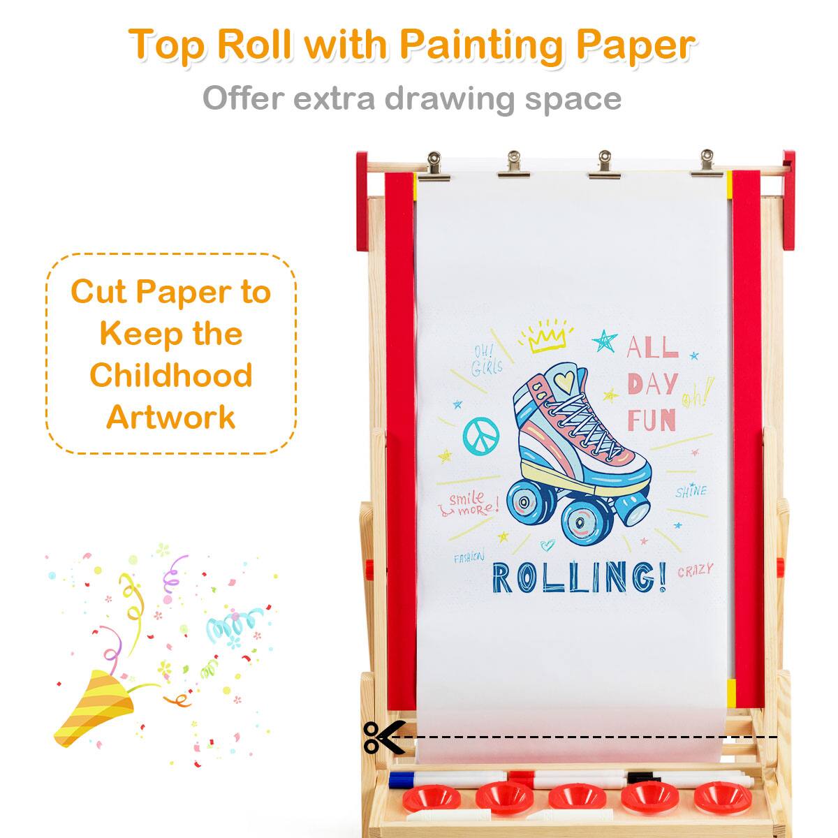 Top Roll with Painting Paper Offer extra drawing space Cut Paper to Keep the Childhood Artwork OW! GiRls MM ALL DAY oh! FUN smile more! L SHINE FRSaiA ROLLING! CRAZY