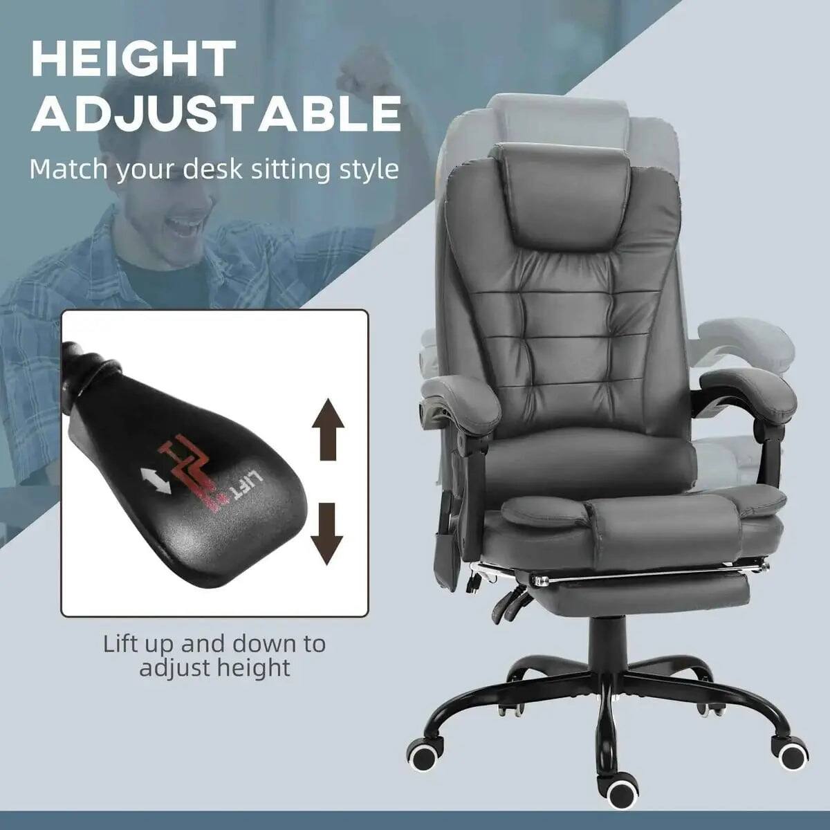HEIGHT ADJUSTABLE  
Match your desk sitting style  

LIFT  
Lift up and down to adjust height