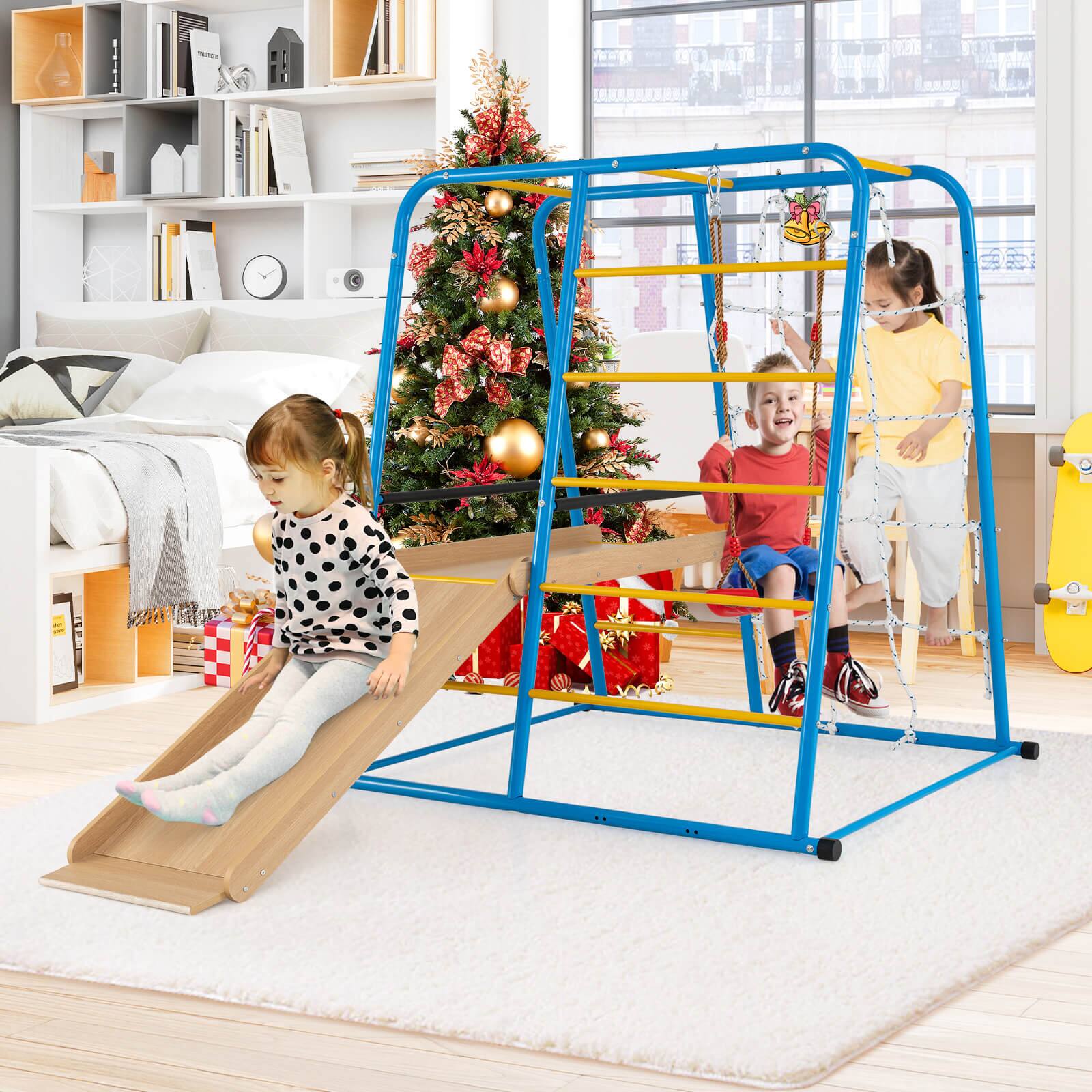 Alt View 3. Costway - Costway 6-in-1 Indoor Jungle Gym with Slide Swing Monkey Bars Climbing Ladder Rope Wall - Blue.