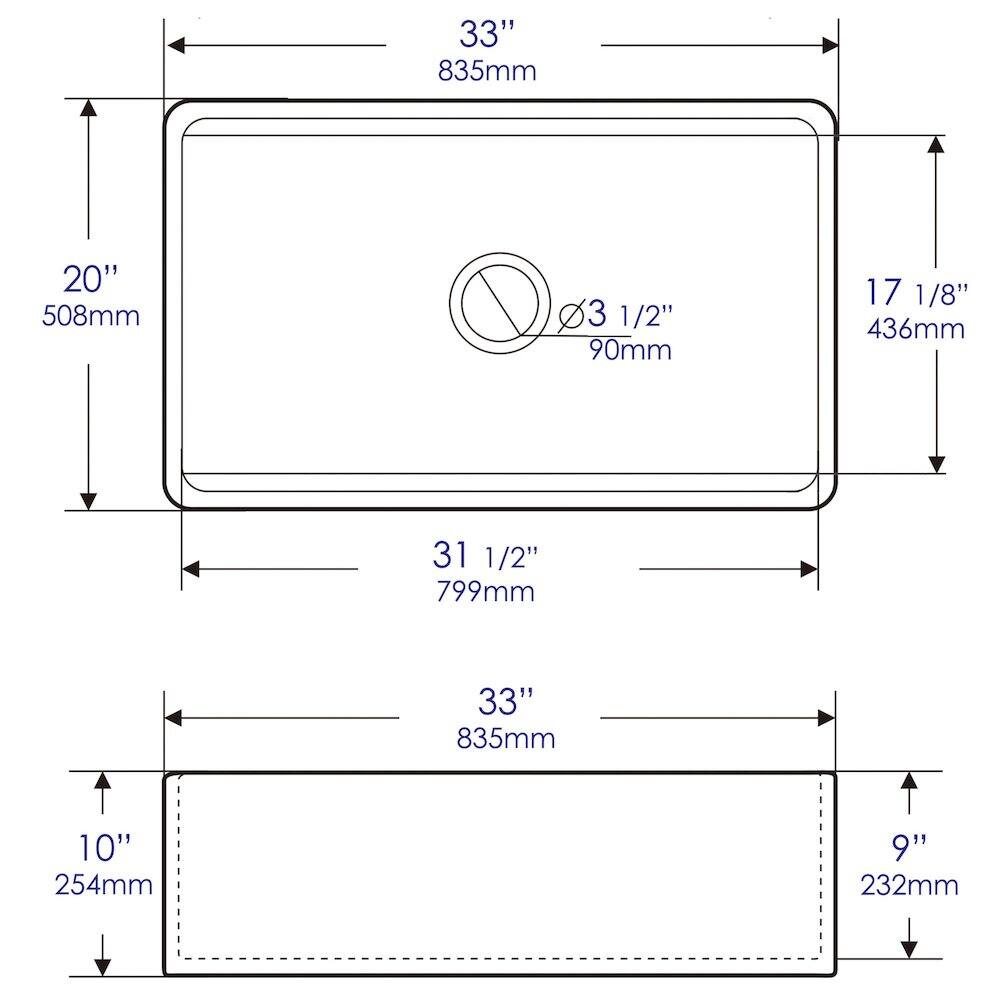Sure, here is the corrected and grouped text from the image:

- **Width:** 33" (835mm)
- **Height:** 20" (508mm)
- **Diameter of Circle:** 3 1/2" (90mm)
- **Depth:** 17 1/8" (436mm)
- **Length:** 31 1/2" (799mm)
- **Width (Bottom Section):** 33" (835mm)
- **Height (Bottom Section):** 10" (254mm)
- **Depth (Bottom Section):** 9" (232mm)