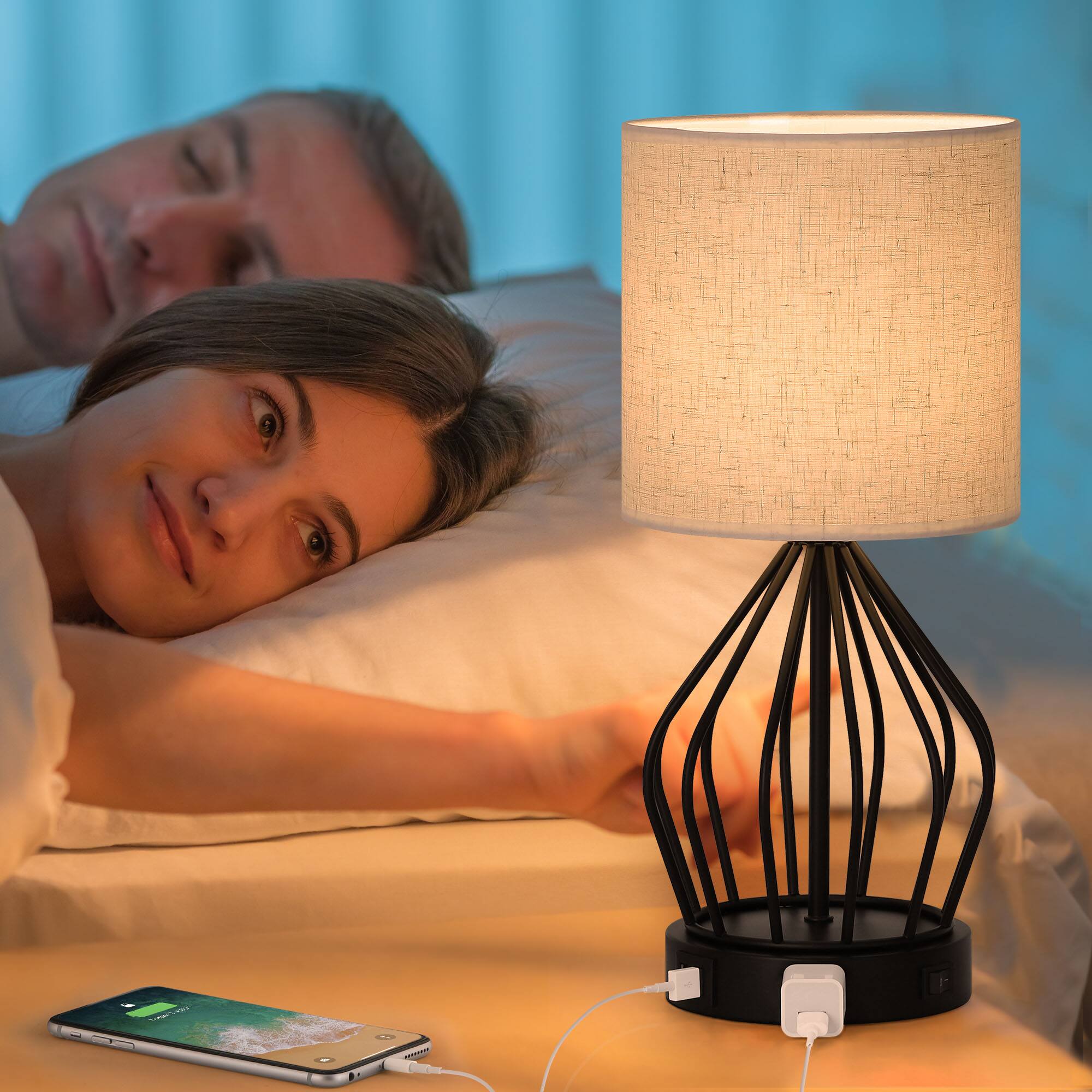 Alt View 1. Oumilen - 2-Piece Table Lamp Set with USB Ports, Black Cage Style Metal Base with Linen Shades.