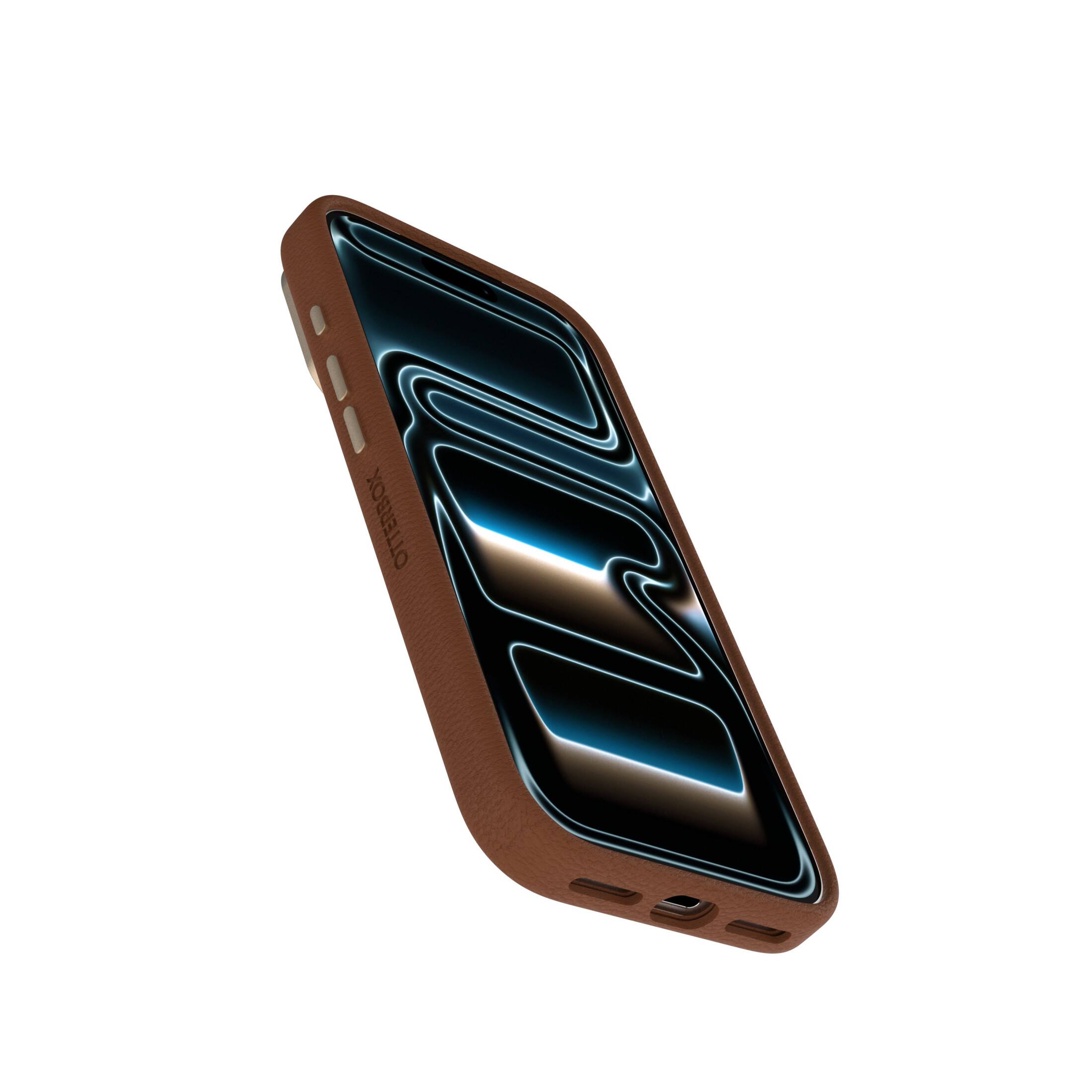 Left. OtterBox - Symmetry Series Cactus Leather Hard Shell for Apple iPhone 18 Pro and Apple iPhone 17 Pro - Desert Saddle.
