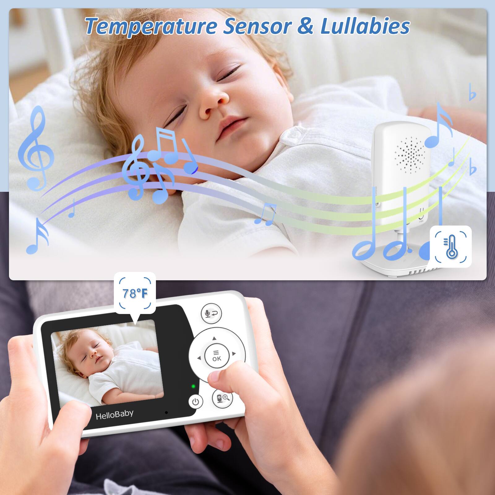 Temperature Sensor & Lullabies, 78°F = OK, HelloBaby, G, go