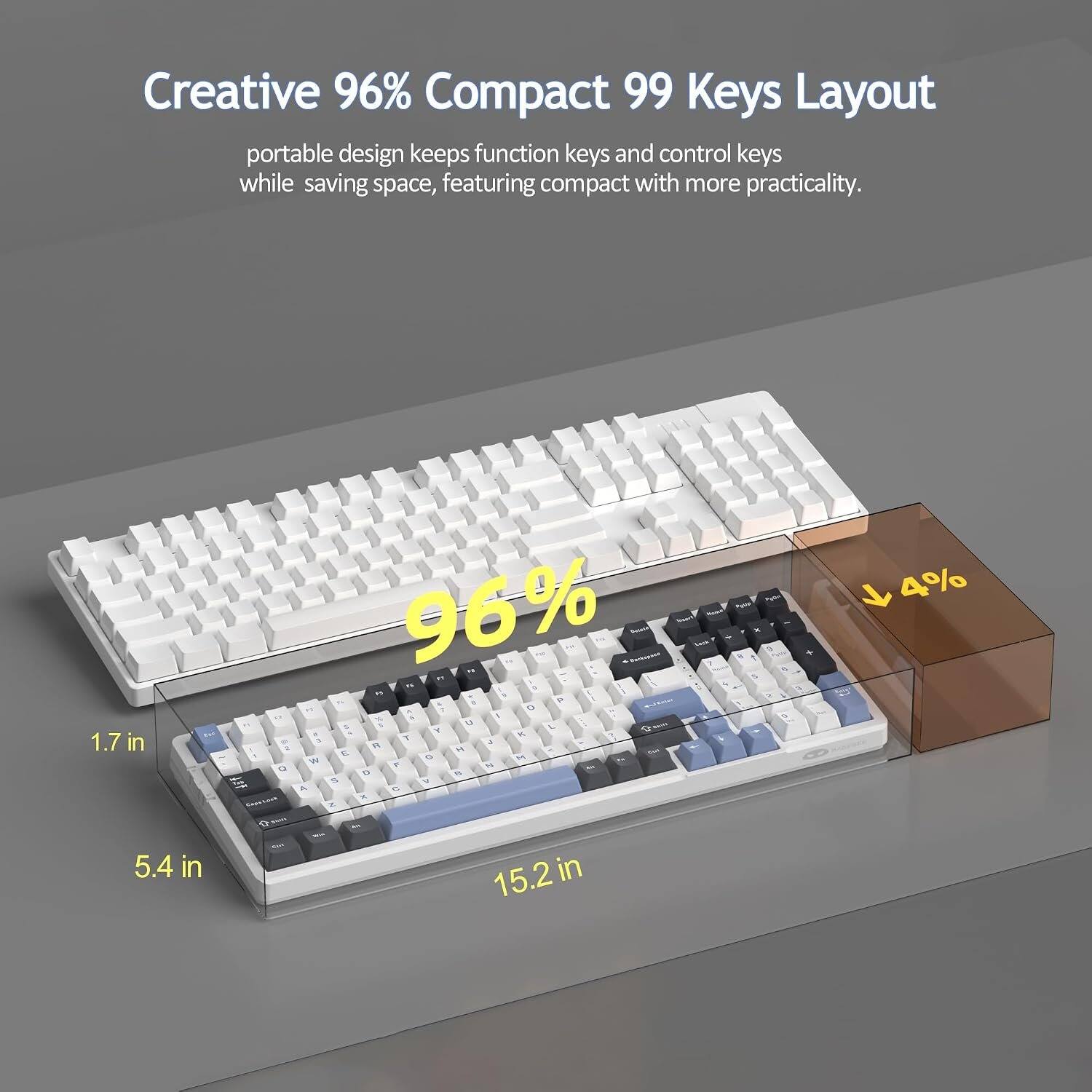 Creative 96% Compact 99 Keys Layout portable design keeps function keys and control keys while saving space, featuring compact with more practicality.

1.7 in
5.4 in
15.2 in