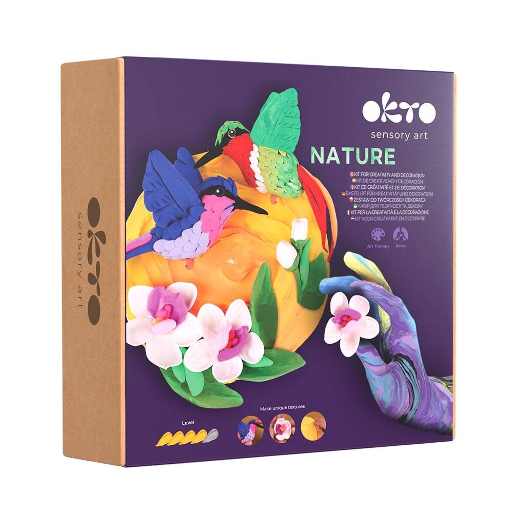 sensory art  
NATURE  
KIT FOR CREATIVITY AND DECORATION  
KIT DE CREATIVITÉ ET DE DÉCORATION  
KIT DE CREATIVITAT I DE DÉCORACIÓ  
KIT DE CREATIVITÀ E DE DECORATION  
BASTELITURKREATIVITAT ODEXORATION  
ZESTAW DO TWORCZOSKOŚCI I DEKORACJI  
KIT PER LA CREATIVITÀ E LA DECORAZIONE  
KIT VOOR CREATIVITEIT EN DECORATIE  
Art Therapy  
Relax  
Make unique textures  
Level