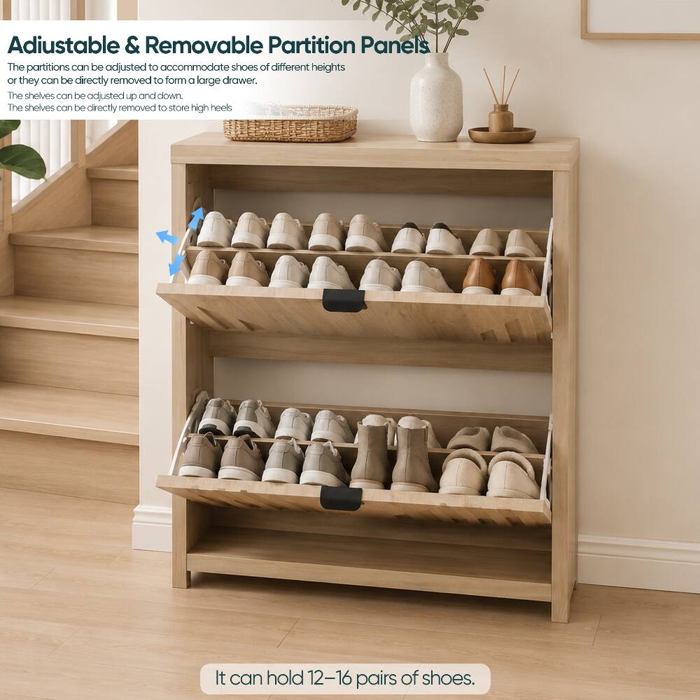 Adjustable & Removable Partition Panels  
The partitions can be adjusted to accommodate shoes of different heights or they can be directly removed to form a large drawer. The shelves can be adjusted up and down. The shelves can be directly removed to store high heels.  
It can hold 12-16 pairs of shoes.