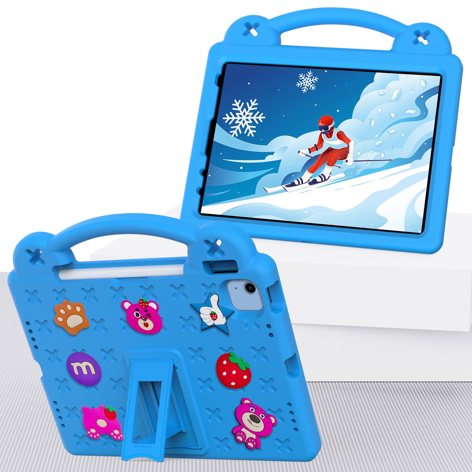 Angle. Dteck - For Apple iPad 11"(A16 chip 2025)/iPad 10.9" 2022 Cute Cartoon Kid Case Built-in Kickstand Handle Grip Shockproof Cover - Blue.