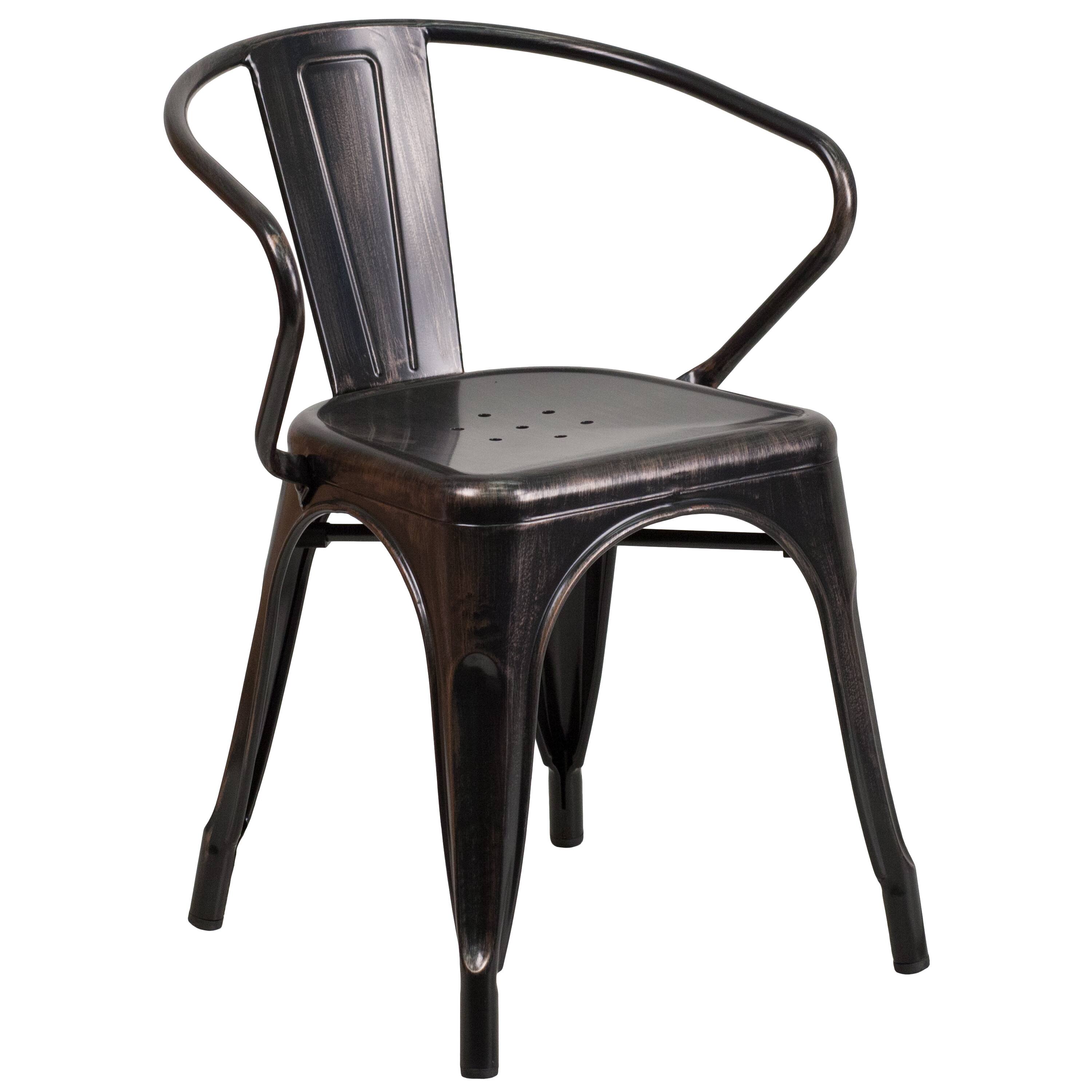 Alt View 4. Emma + Oliver - Commercial Grade 30" Round Metal Indoor-Outdoor Table Set with 4 Arm Chairs - Black-Antique Gold.