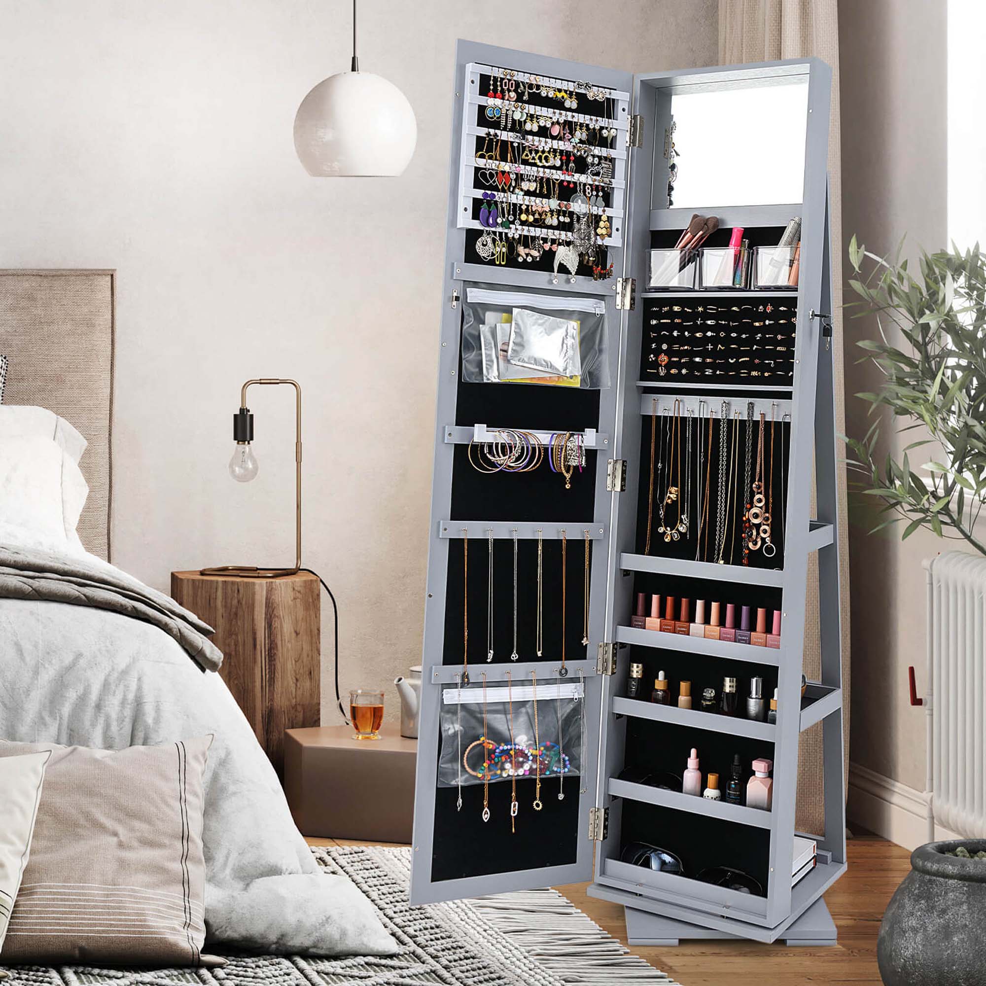 Alt View 3. Costway - Costway 360° Rotatable Jewelry Cabinet Armoire 2-in-1 Lockable Mirrored - Gray.