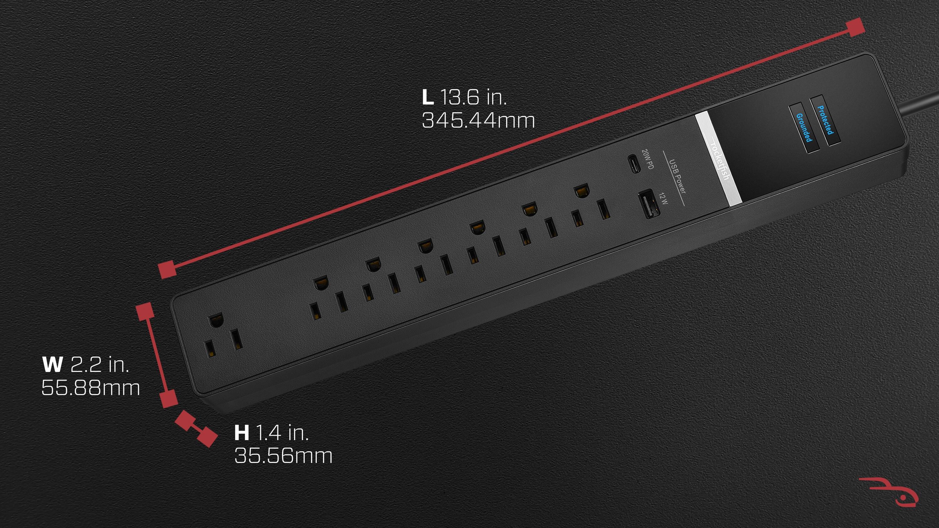 The image shows a power strip with dimensions and features listed. The dimensions are 13.6 inches (345.44mm) in length and 2.2 inches (55.88mm) in width. The power strip has a total of 12 outlets, with 8 of them being standard outlets and 4 of them being USB outlets. The power strip is also grounded and protected. The brand of the power strip is Rocketfish.