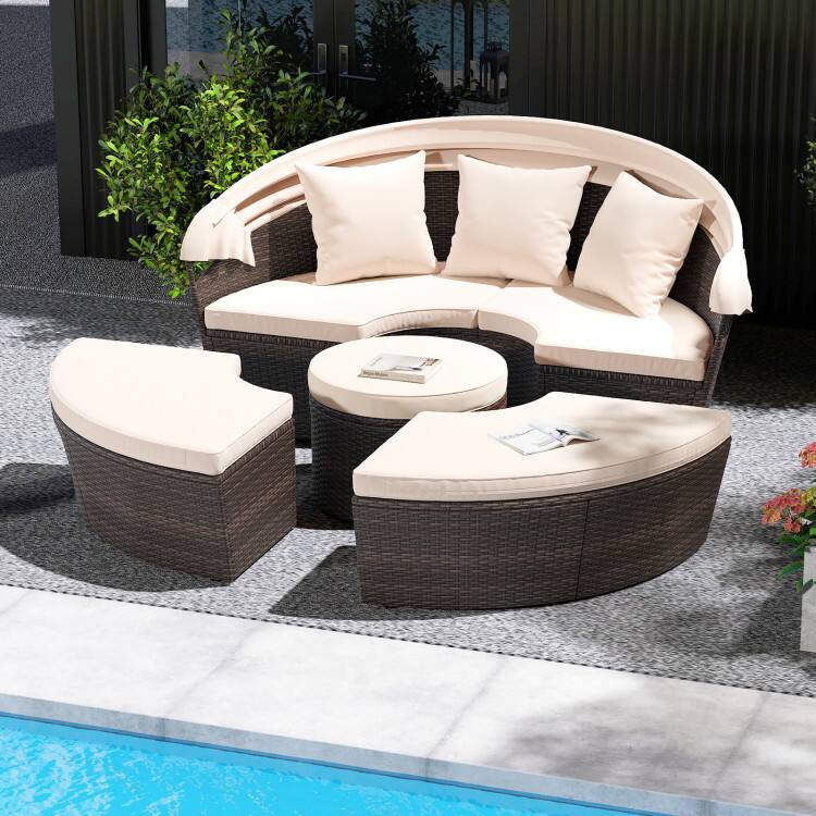 Left. SlickBlue - Round Patio Daybed with Retractable Canopy and Comfortable Seating - Off White.