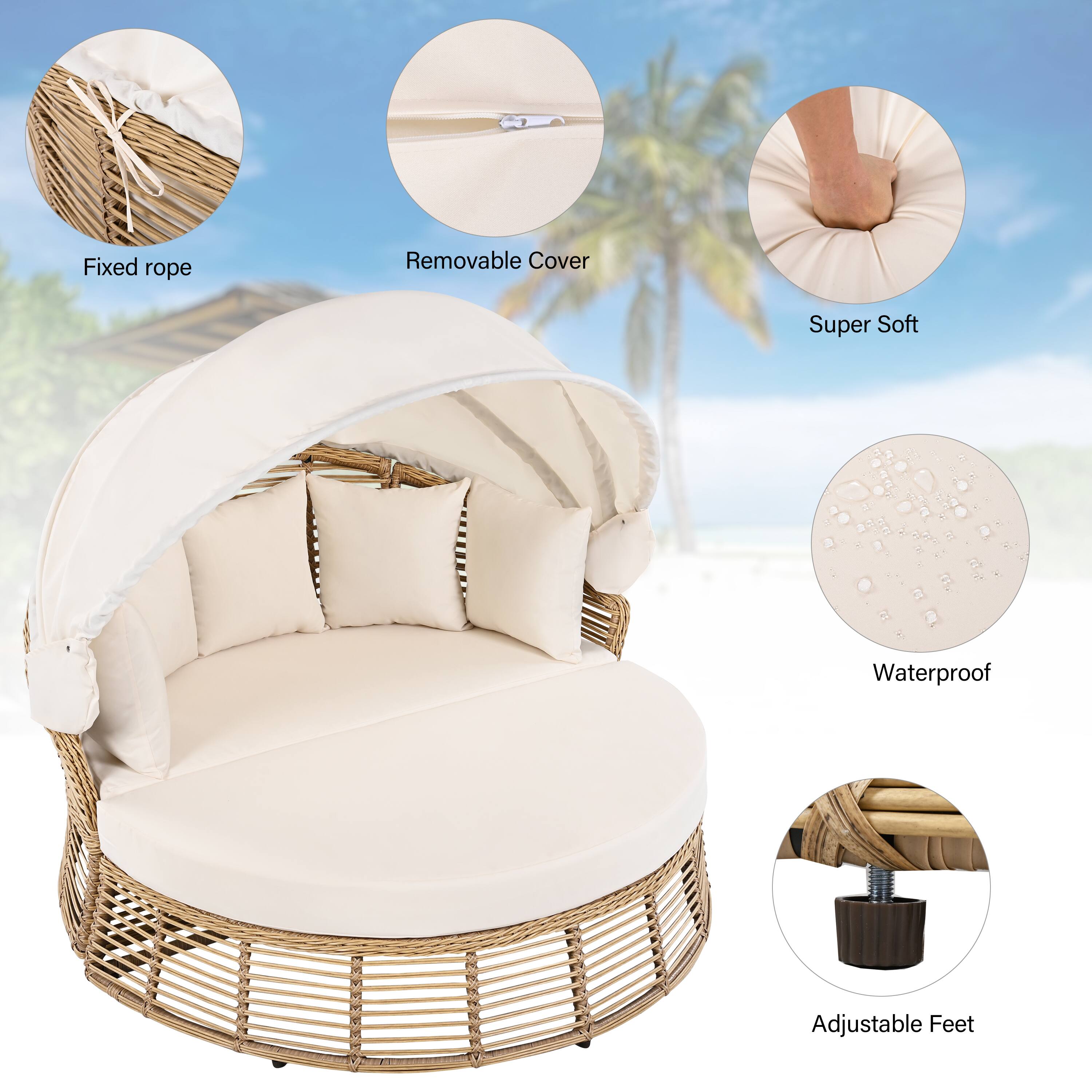 Fixed rope  
Removable Cover  
Super Soft  
Waterproof  
Adjustable Feet