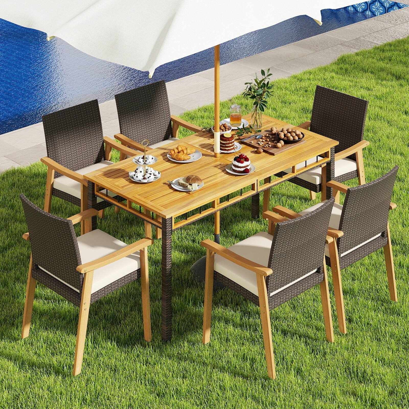 Alt View 8. Gymax - Gymax Patio Dining Chair 2 PCS w/Cushion Wood Armrests Metal Frame for Garden Off White - White.