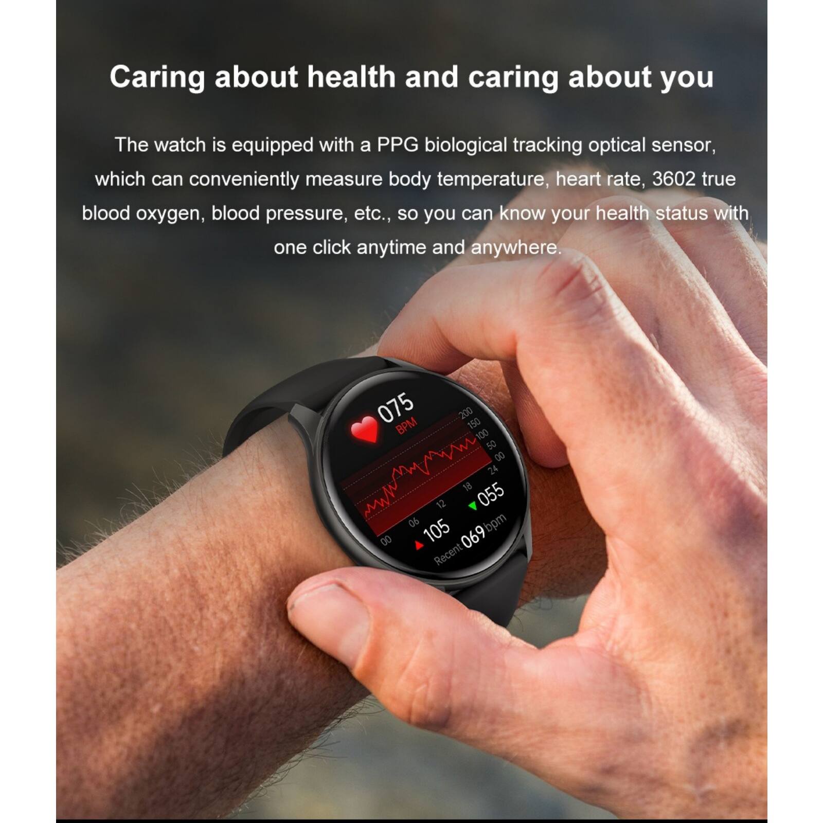 Caring about health and caring about you

The watch is equipped with a PPG biological tracking optical sensor, which can conveniently measure body temperature, heart rate, 3602 true blood oxygen, blood pressure, etc., so you can know your health status with one click anytime and anywhere.