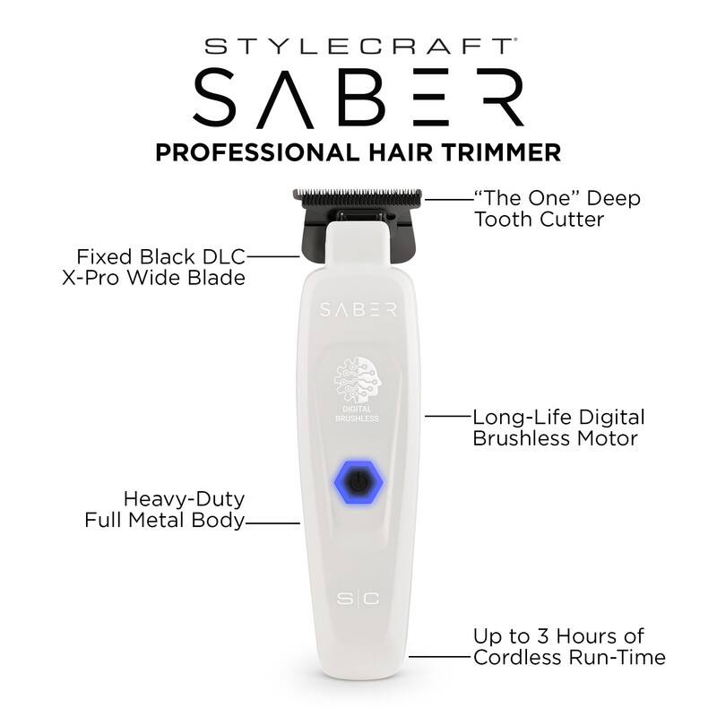STYLECRAFT SABER PROFESSIONAL HAIR TRIMMER "The One" Deep Tooth Cutter Fixed Black DLC X-Pro Wide Blade SABER DIGITAL BRUSHLESS Long-Life Digital Brushless Motor Heavy-Duty Full Metal Body sc S Up to 3 Hours of Cordless Run-Time