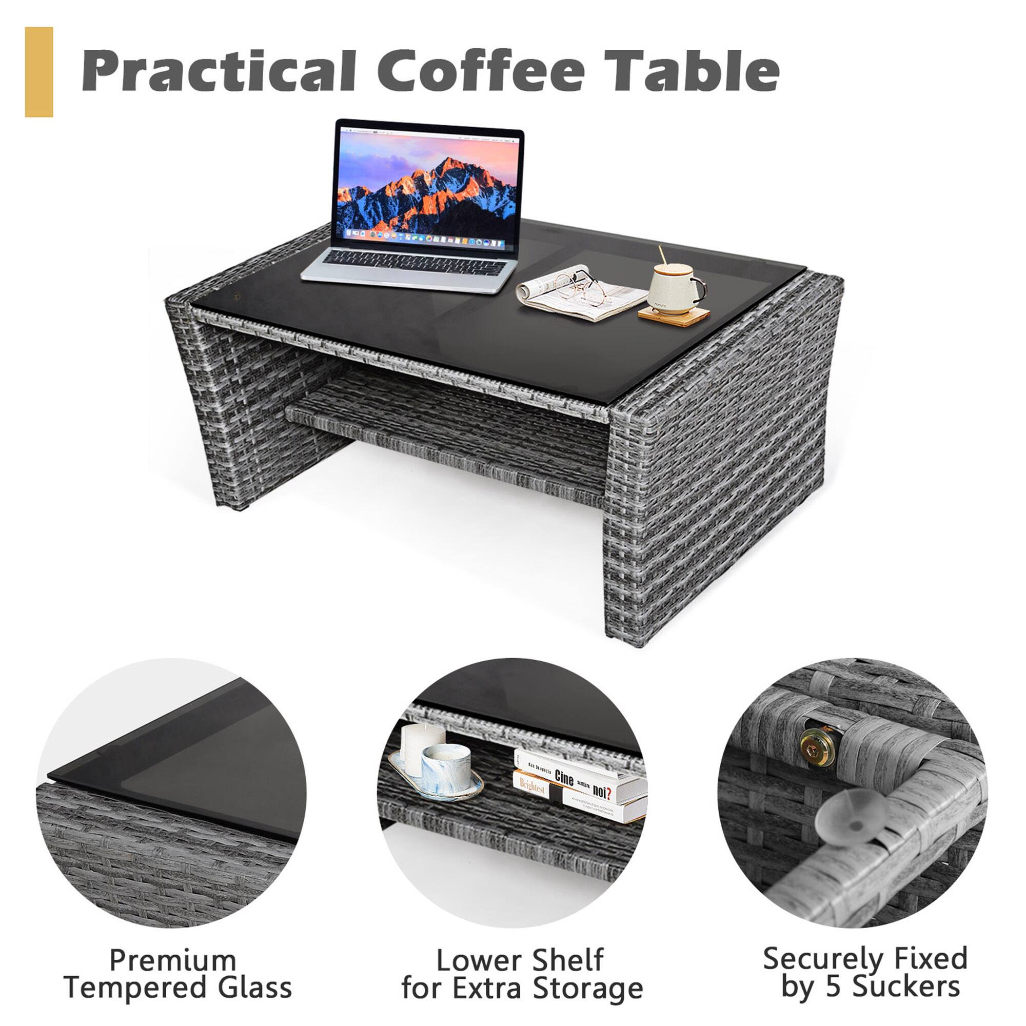 Practical Coffee Table, Premium Tempered Glass, Lower Shelf for Extra Storage, Securely Fixed by 5 Suckers