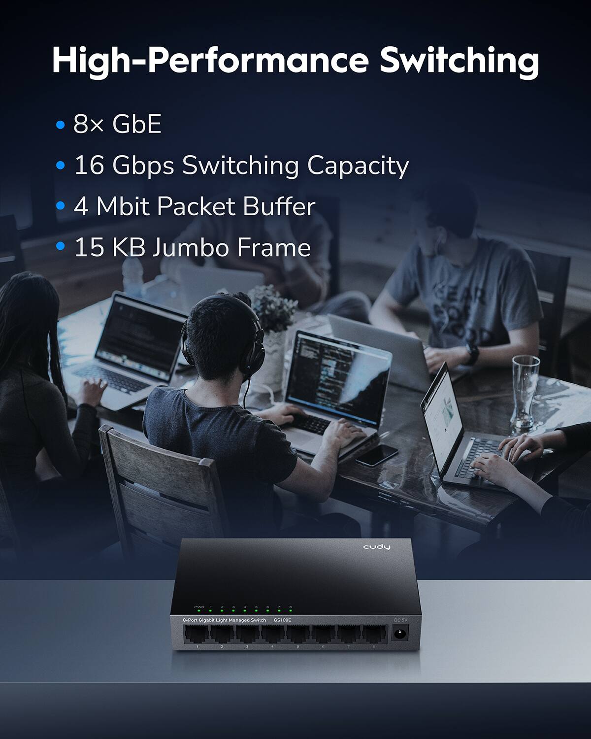 High-Performance Switching

- 8x GbE
- 16 Gbps Switching Capacity
- 4 Mbit Packet Buffer
- 15 KB Jumbo Frame

8-Port Gigabit Light Managed Switch G510E