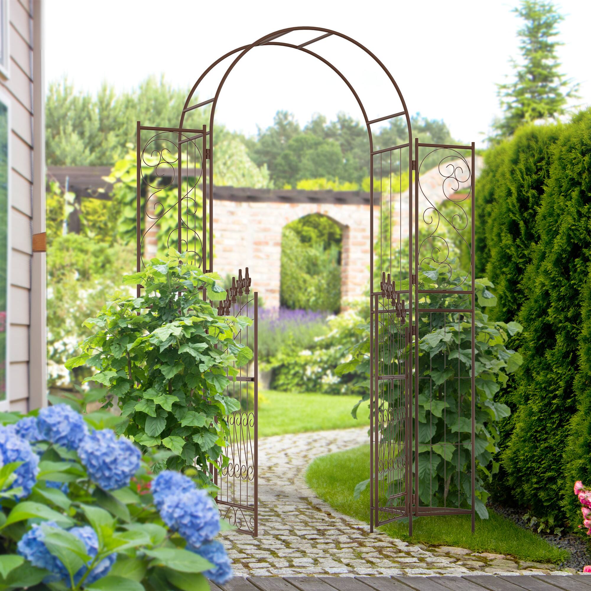 Alt View 1. Outsunny - Garden Arbor, Garden Arch with Gate, Planter Shelves for Climbing Vines, Ceremony, Weddings - Brown.