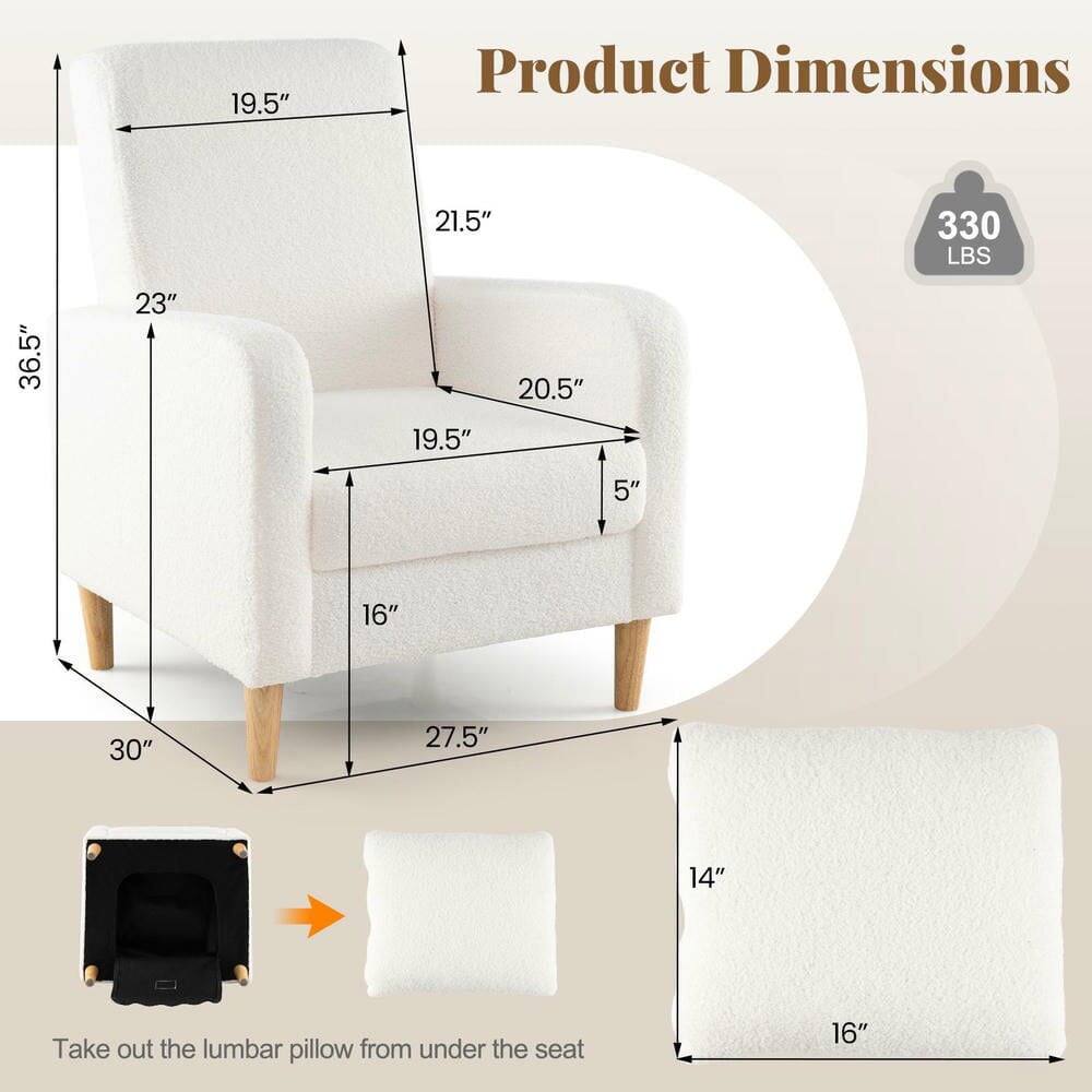19.5"  
Product Dimensions  
21.5"  
330 LBS  
36.5"  
23"  
19.5"  
20.5"  
5"  
16"  
30"  
27.5"  
14"  

Take out the lumbar pillow from under the seat