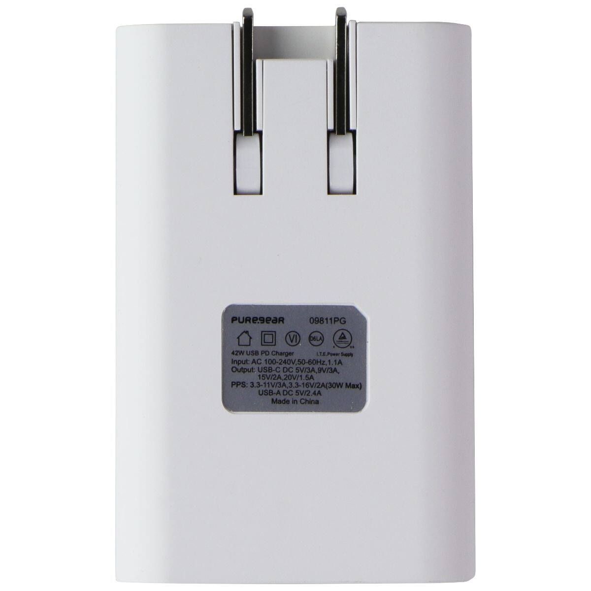 PURESEAR 09811PG  
42W USB PD Charger LTE Power Supply  
Input: AC 100-240V, 50-60Hz, 1A  
Output: USB-C DC 5V/3A, 9V/3A, 15V/2A, 20V/1.5A  
PPS: 3.3-11V/3A, 3.3-16V/2A (30W Max)  
USB-A DC 5V/2.4A  
Made in China