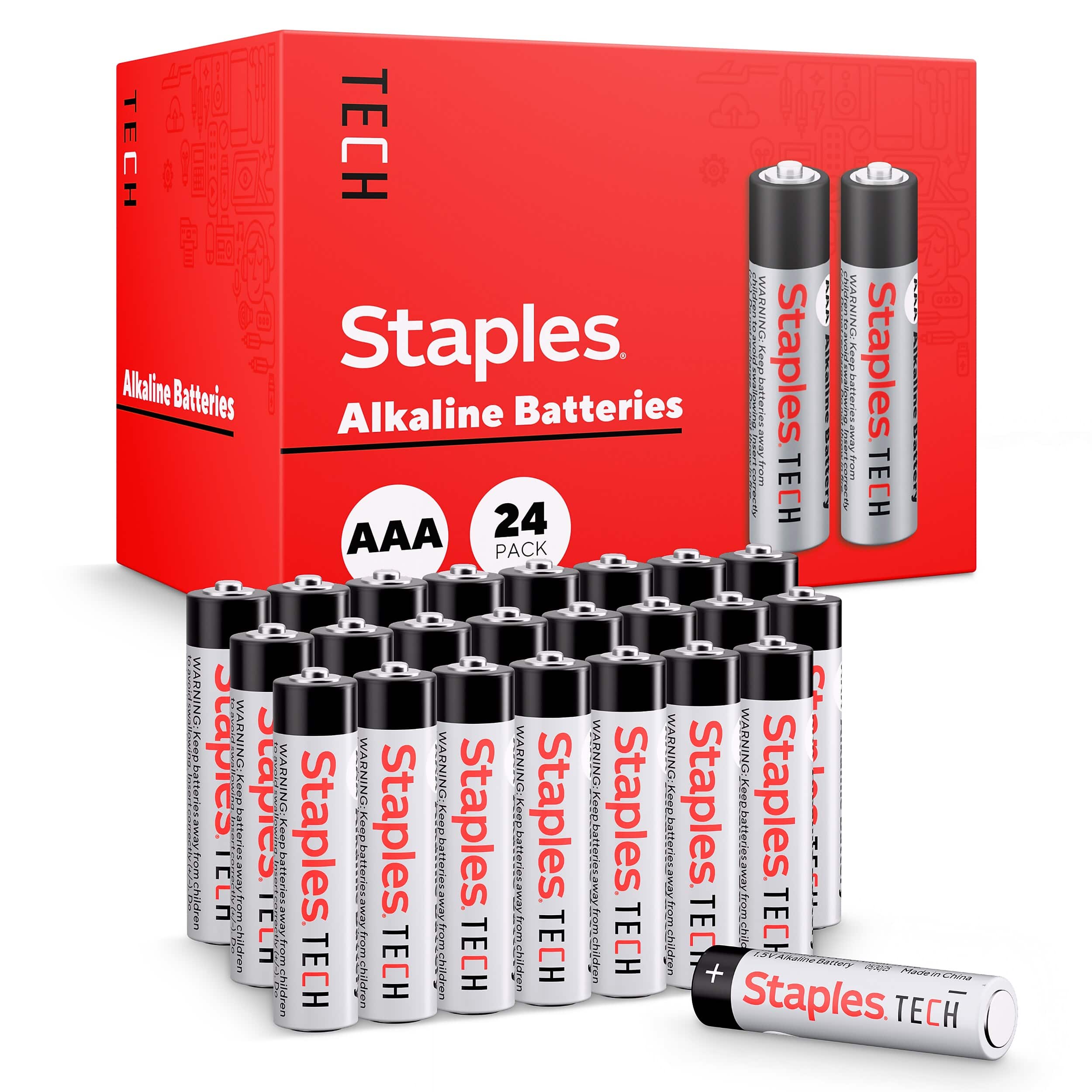 Staples TECH - AAA Alkaline Batteries, 24-Pack, Long-Lasting Power for Remotes, Mouse, Keyboards & Devices