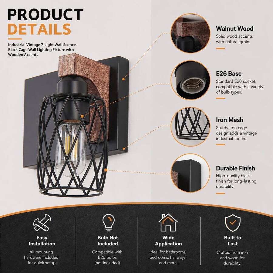 RYHNUYNE Industrial 7‑Light Wall Sconce, Black Wall Light with Wood ...