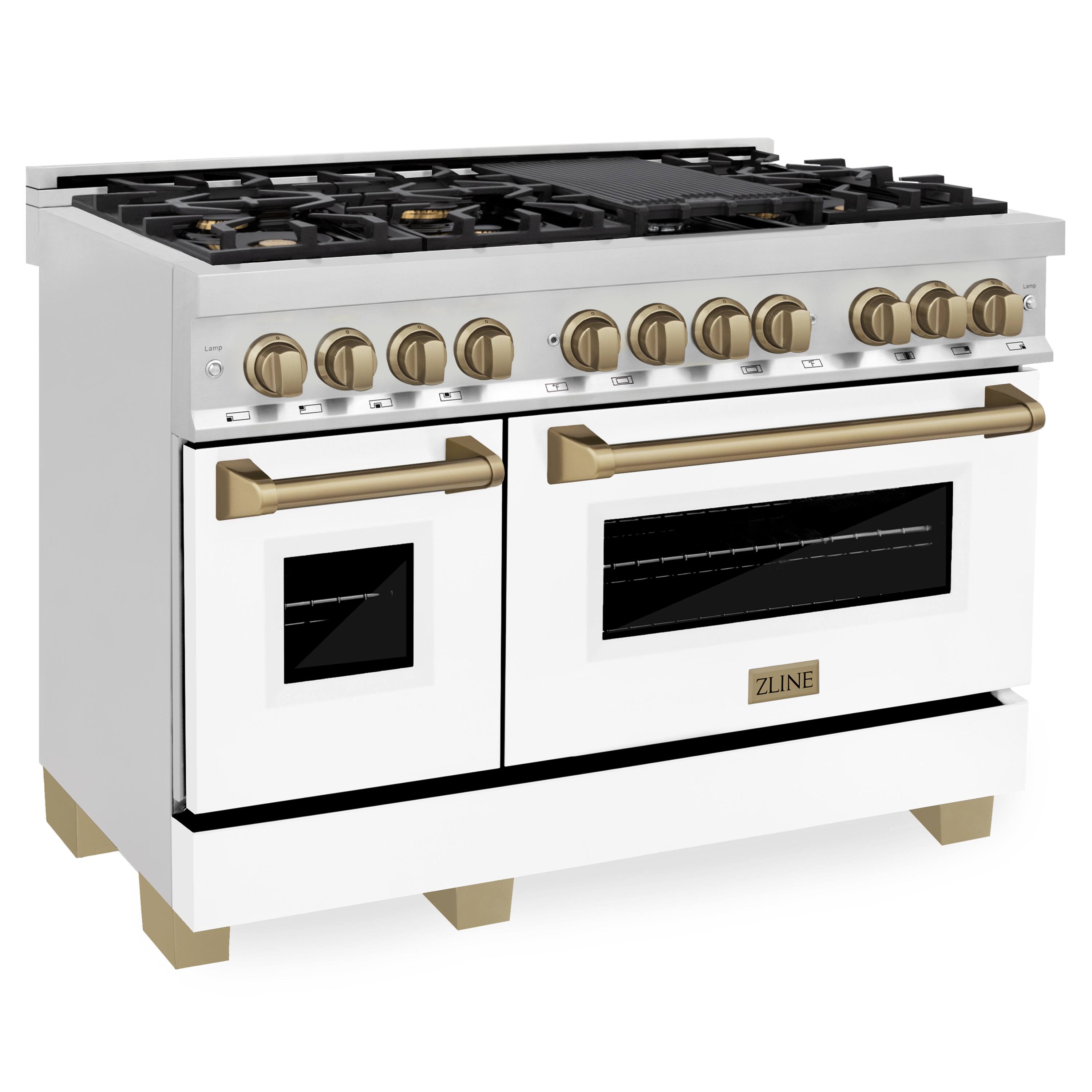 Angle. ZLINE - Autograph 48" Legacy Dual Fuel Range w/ 7 Burners & White & Bronze Accents (RAZ-WM-48-CB) - Multicolor.