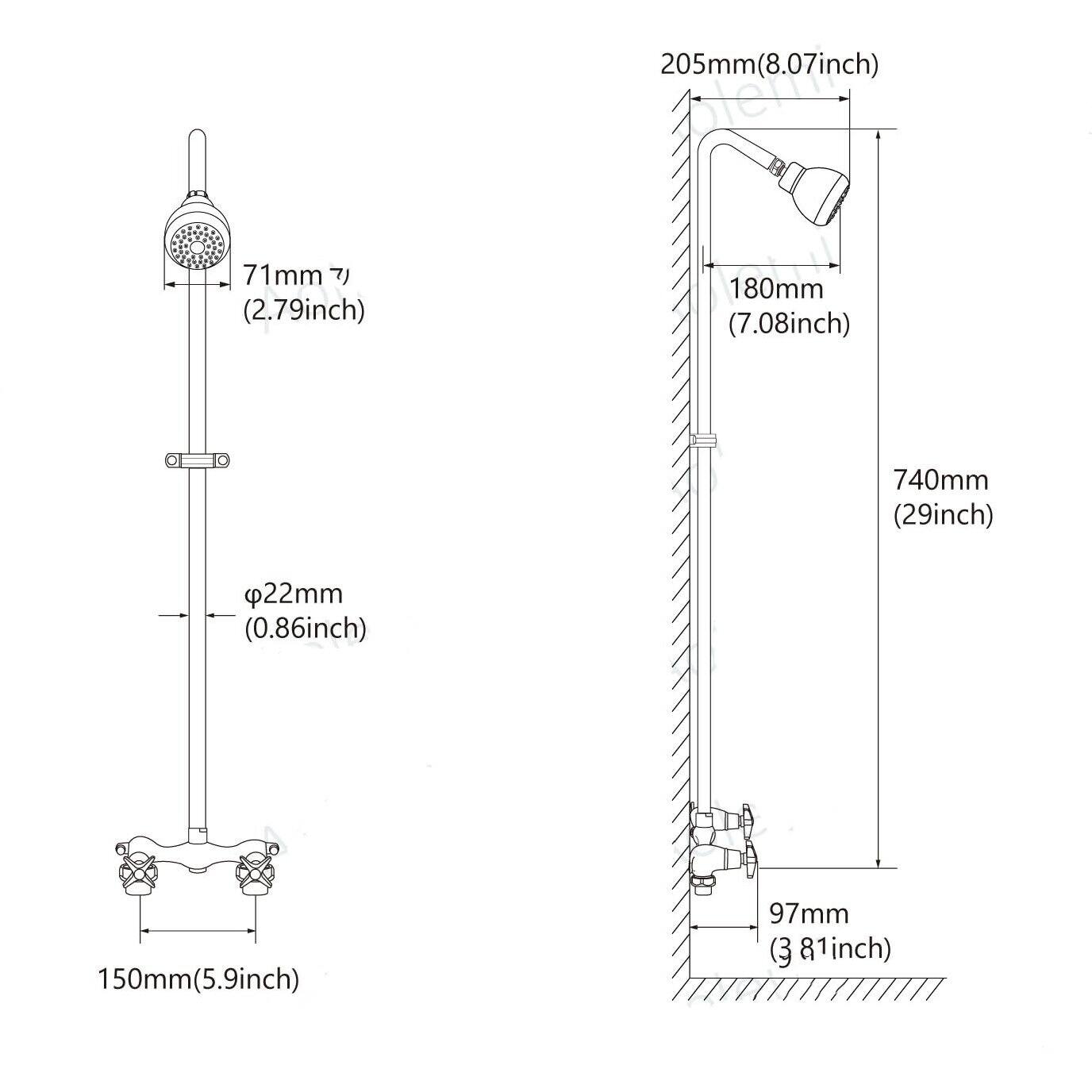205mm (8.07 inch)  
71mm (2.79 inch)  
180mm (7.08 inch)  
740mm (29 inch)  
22mm (0.86 inch)  
150mm (5.9 inch)  
97mm (3.81 inch)
