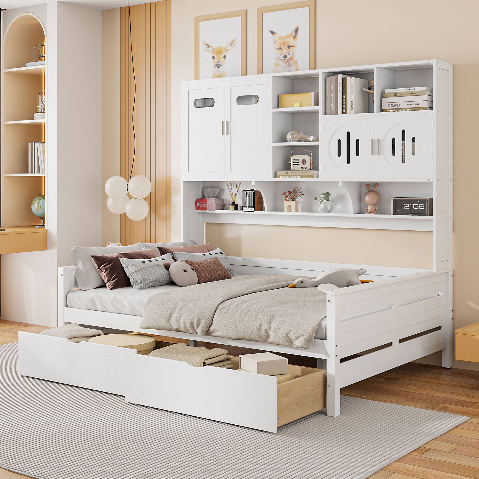 Tiramisubest - Full Size Wooden Daybed With 2 Drawers, and All-in-One Cabinet and Shelf, White - White