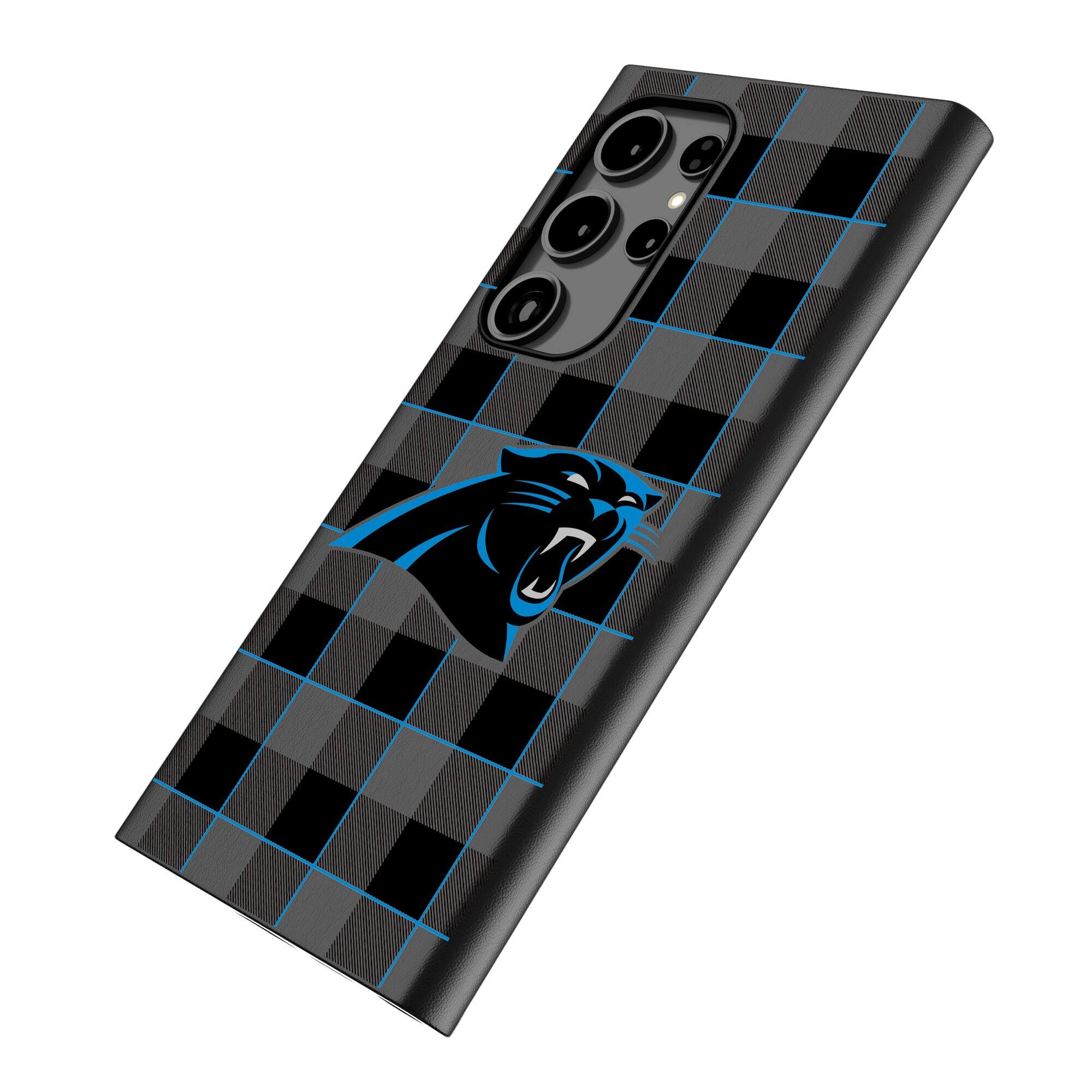 Alt View 1. Keyscaper - Carolina Panthers Plaid Galaxy Magnetic Bump Case - S24 Ultra - Black.