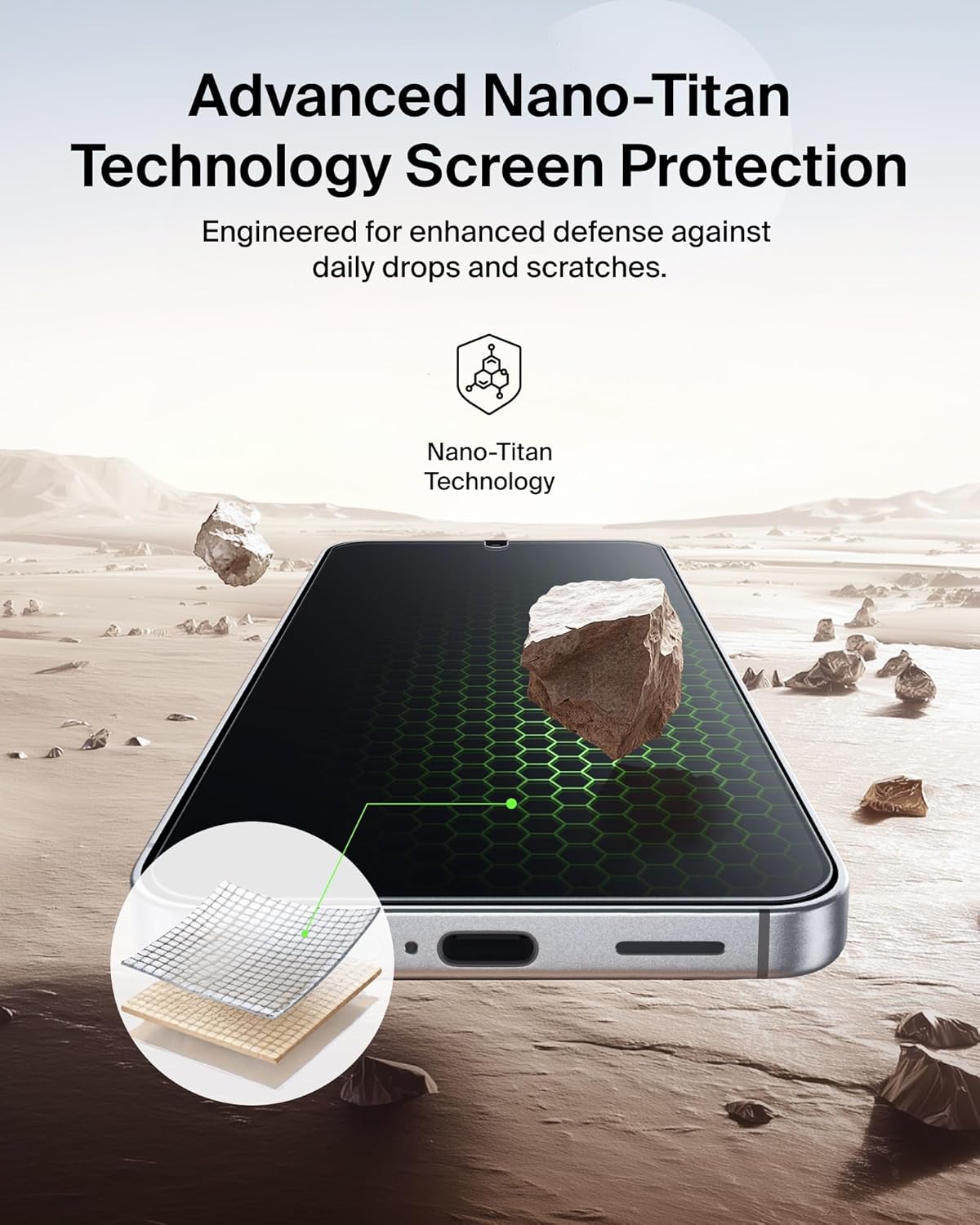 Advanced Nano-Titan Technology Screen Protection  
Engineered for enhanced defense against daily drops and scratches.  

Nano-Titan Technology