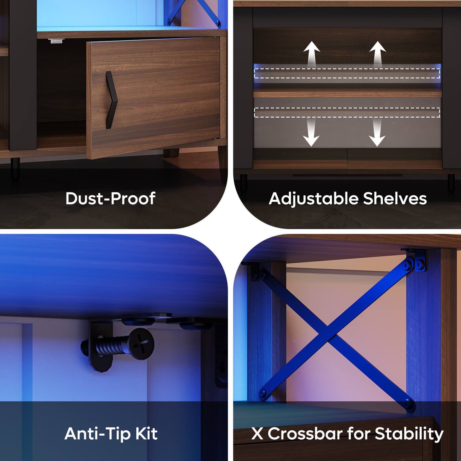 The image shows a wooden dresser with a dust-proof feature, adjustable shelves, an anti-tip kit, and a crossbar for stability.