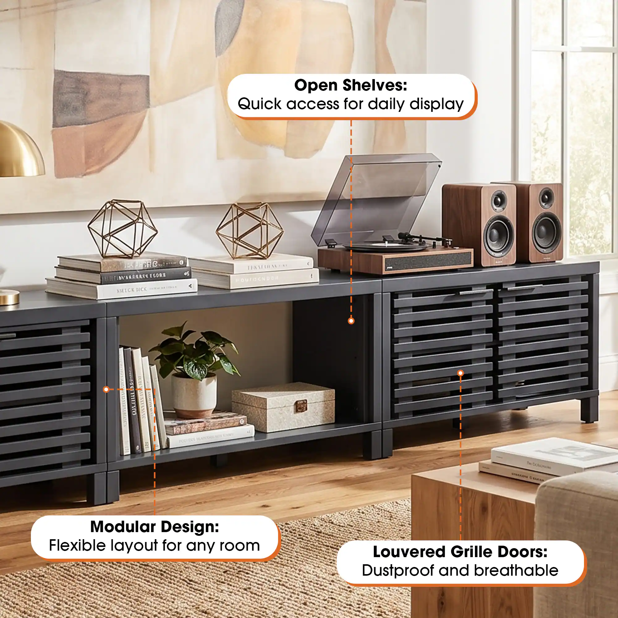 Open Shelves: Quick access for daily display

Modular Design: Flexible layout for any room

Louvered Grille Doors: Dustproof and breathable